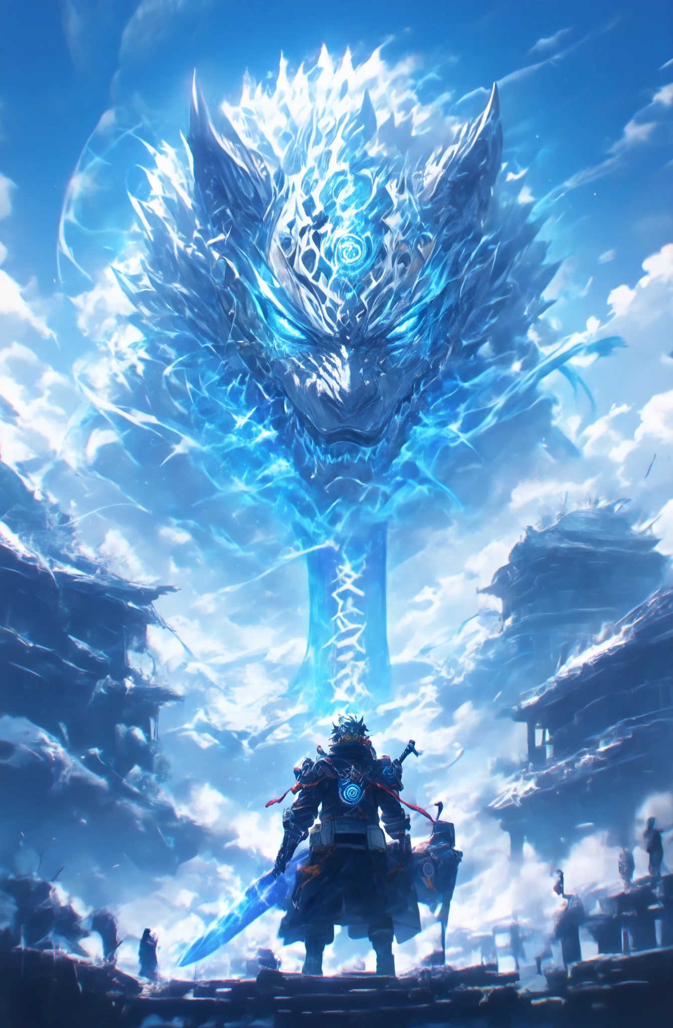 score_9, score_8_ up, score_7_ up, s uper detailed, Hausmo style , 32K, Best Quallity, masterpiece , top quality, s uper high definition ,Design the ultimate nemesis for your protagonist! ((Craft the most intimidating final boss : Giant Ice Tiger, wearing Metal SUIT, Carrying Big sword)), Uzumaki_Naruto Battle With Five-Head Of Direwolves, Dungeon Boss Of Ice Hell Campaign, OPEN WORLD GAMES CONCEPT. Uzumaki_Naruto Wearing Cyber Samurai Custome with Wearing Of Oni Mask.