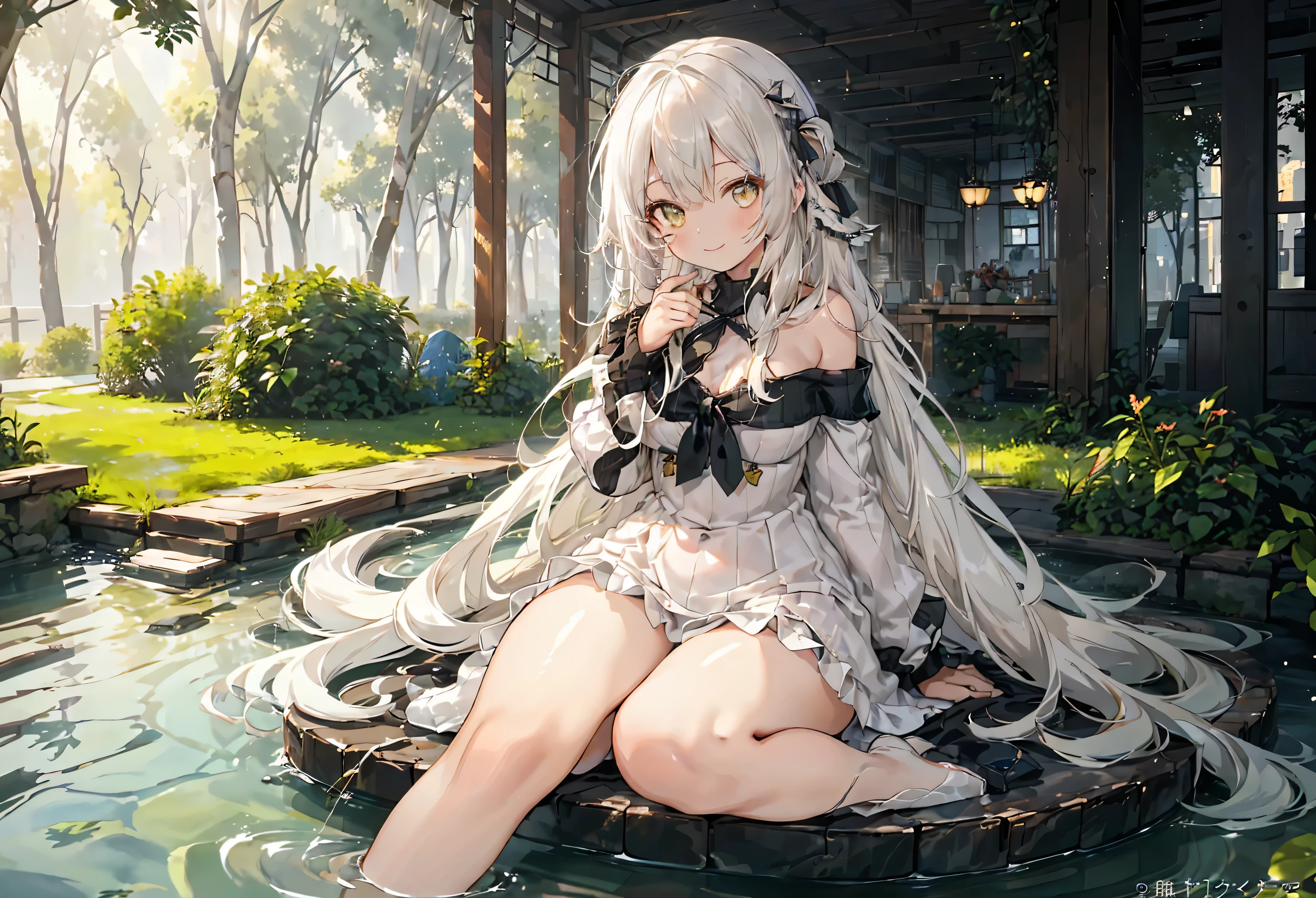 (from below:1.4),((1girl, silver-haired, long hair, Sparkling Eyes and Contagious Smile Blue Eyes , beautiful eyes on my stomach, very nice smile :1.5, ), ( off-shoulder dress, sweater dress), ray tracing, bright colors, girl, masterpiece, sharp concentration in nude clothes, Highest Quality, depth of field in shallow water, cinematic lighting, detailed outfits , 4K, perfect eye side by side, rich in detail and texture, white hair, very long hair, golden eyes, o, colored inner hair, bright smile, Loosely knitted, roomy clothes, long sweater, Black leg ties, sitting on grass, Under the tree, sunlight, light, god rays, look up, smile, bare shoulder, leggings,(Beautiful Detailed Faces), (Tight Breasts:1.2), (pointed chest:1.1),(with shining eyes and an infectious smile),Her Thin Pubic Hair :1.2, watching viewers