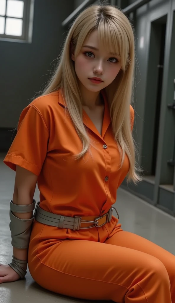 (best quality, 8k, highres, photorealistic:2.0), (solo, one girl:2.0),(lighting: front),(lighting: strong),(ultimate beautiful girl:2.0),(shiny skin),(oily skin),(platinum blonde hair:1.3),(straight long hair:2.0),Blush brown makeup , dark eye makeup , use pink glossy lipstick,(big beady eyes girl:1.5),(thin girl:1.5),(baby face girl),(Photographed at a serious criminal prison:1.8),(Wearing tight orange prison uniform:1.6),(sex appeal:1.3),(Girl serving time for robbery and murder:1.5),(Girl who is a long-term prisoner:1.5),(A girl who was the leader of a group of robbers),(The girl is a dishonest prisoner)