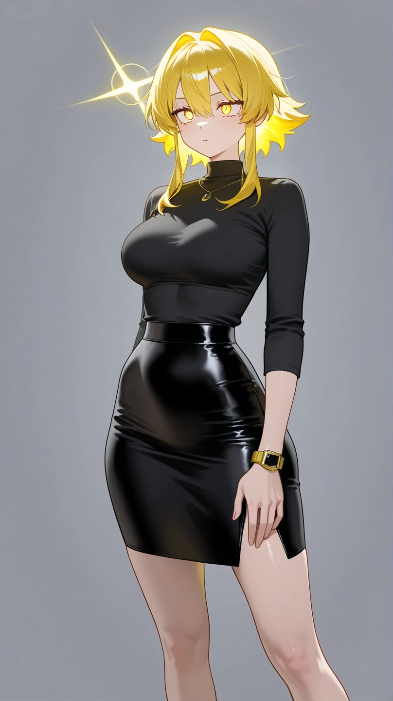 1 woman, adult woman, cute, emerald eyes, smile, stylized, cute smile, long wavy blonde hair, thin eyebrows, tan-olive skin, anatomically correct, masterpiece, best high quality, ultra details, ((top quality)), ((masterpiece)) (detailed), cinematic lighting, complex, high detail, sharp focus, medium breasts, Best proportions Four fingers and one thumb, adult, (36 years old), standing, slim, thick thighs, slim waist, thin waist, soft waist, curvy, curved thighs, thick, wide buttocks, big thighs, (Wearing: shiny black leggings and yellow off-shoulder top, golden bracelets), 
