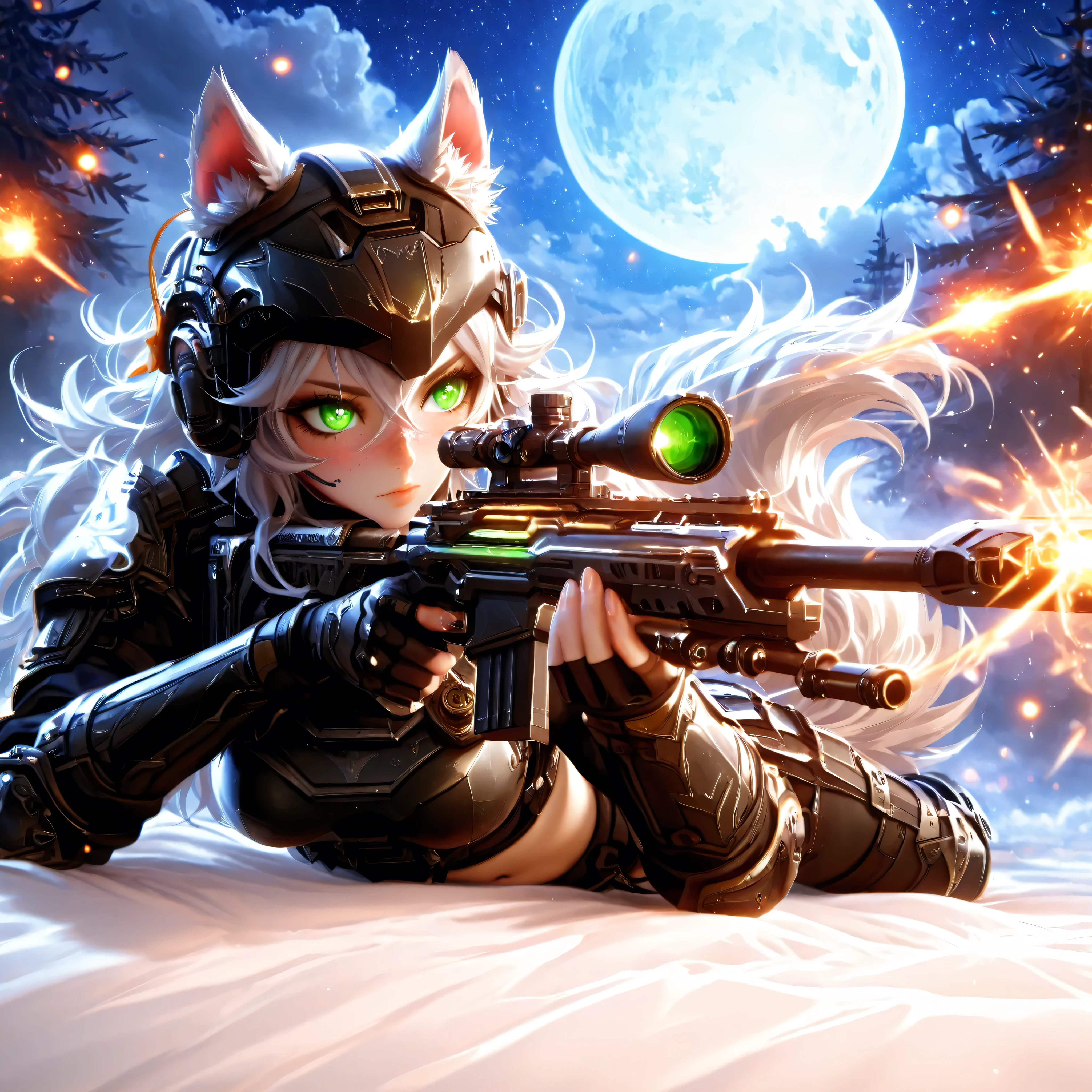 Masterpiece, best quality, amazing quality, absurdres, very aesthetic, lazypos, 3D, 1 woman, (woman , tall, slim, medium-big chest, large hip, silver long hair, fluffy hair, wolf ears, fluffy ears, wolf eyes, fluffy tail, clear skin), smooth natural moonlight with soft shadows , night , outside , backdrop of a no man land with explosion and bullet flying, stary sky with moon , adventurous , fantasy-themed atmosphere , detailed background , fog , (woman, confident, (many freckles on nose line, hip, thigh, ass cheek and chest:1.48), slightly flustered, (glowing eyes, glowing hair tip, green eyes, wolf eyes, feral eyes, detailed eyes, detailed face), (thigh gap:1.27), (detailed chest), wearing a futuristic fantasy style military tactical military suite with bulletproof armor showing midriff, (chest armor, hip armor, knee armor, waist armor, helmet with hole for ears, big military boots, holding a sniper rifle, sniper rifle, detailed), (prone, aiming, firing at enemy), front view