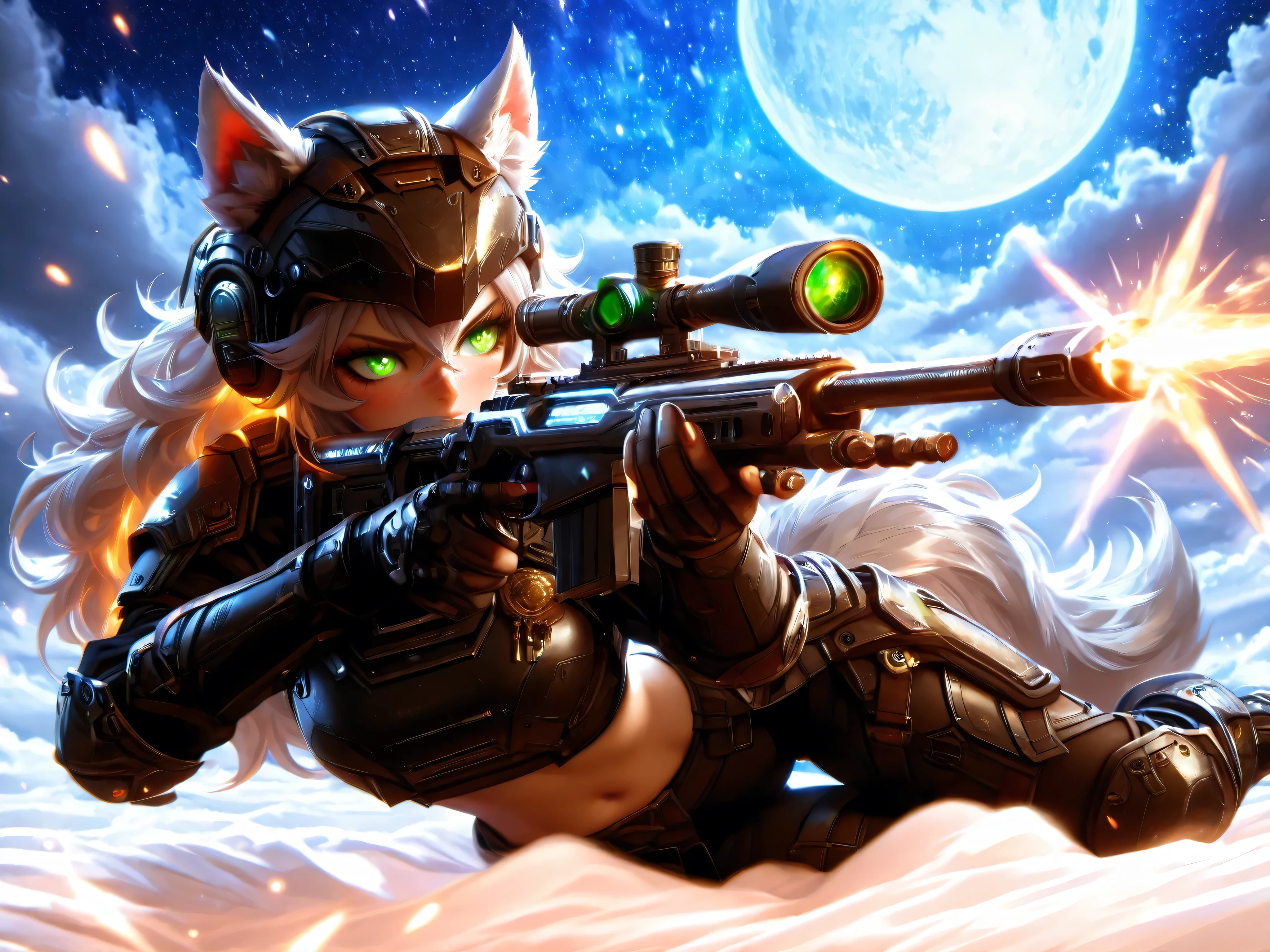Masterpiece, best quality, amazing quality, absurdres, very aesthetic, lazypos, 3D, 1 woman, (woman , tall, slim, medium-big chest, large hip, silver long hair, fluffy hair, wolf ears, fluffy ears, wolf eyes, fluffy tail, clear skin), smooth natural moonlight with soft shadows , night , outside , backdrop of a no man land with explosion and bullet flying, stary sky with moon , adventurous , fantasy-themed atmosphere , detailed background , fog , (woman, confident, (many freckles on nose line, hip, thigh, ass cheek and chest:1.48), slightly flustered, (glowing eyes, glowing hair tip, green eyes, wolf eyes, feral eyes, detailed eyes, detailed face), (thigh gap:1.27), (detailed chest), wearing a futuristic fantasy style military tactical military suite with bulletproof armor showing midriff, (chest armor, hip armor, knee armor, waist armor, helmet with hole for ears, big military boots, holding a sniper rifle, sniper rifle, detailed), (prone, aiming, firing at enemy), front view