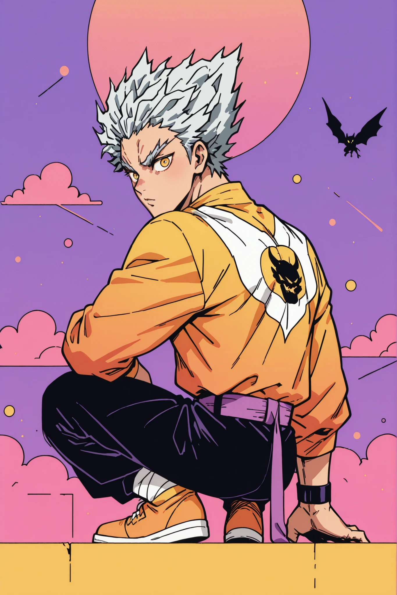 colorful back background with silver hair and yellow eyes based on a Demon Slayer illustration, gay, One Punch Man[garou]. Garou illustration