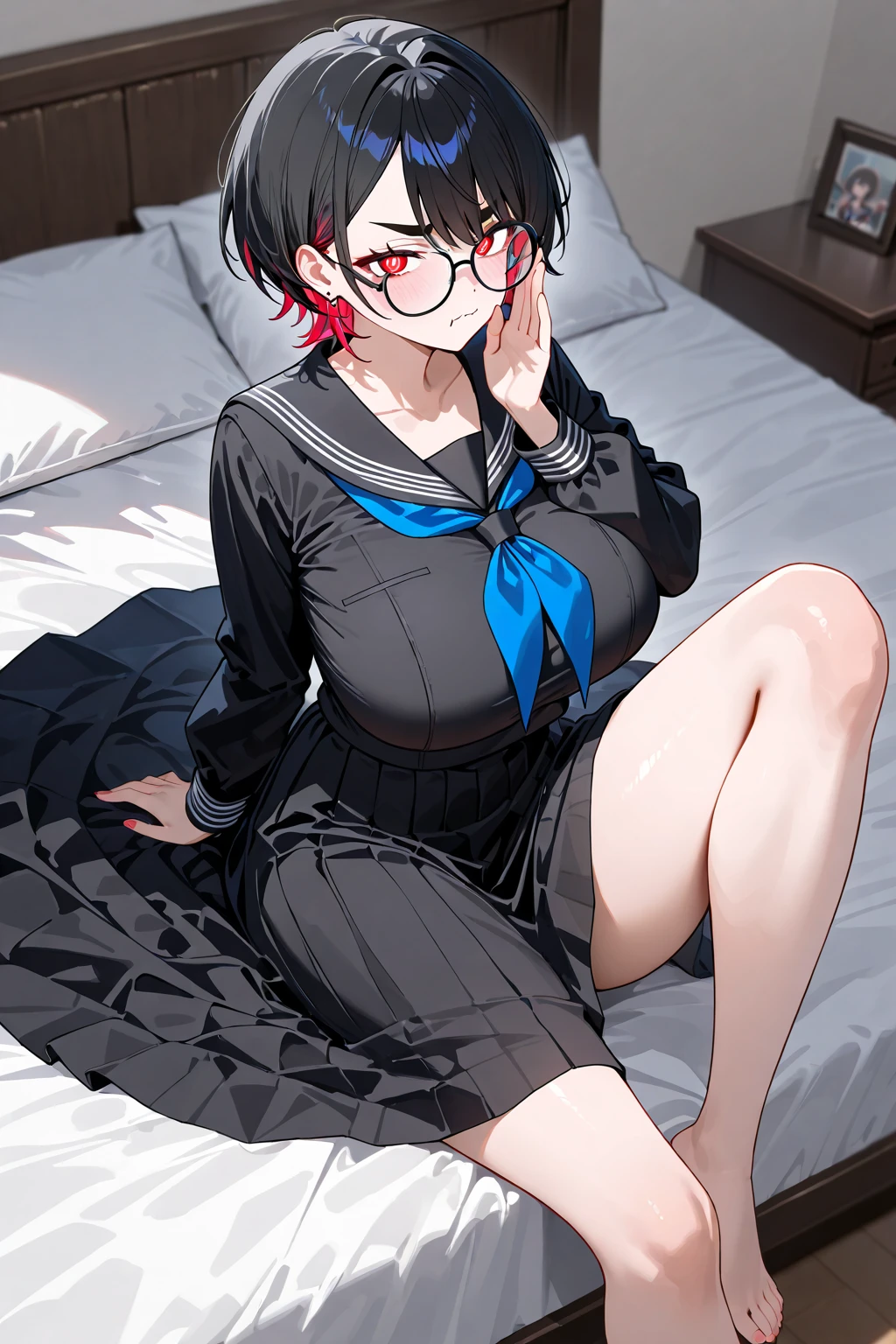 Girl with glasses, black hair, school uniform, short skirt, shy pose, showing thighs, lying on the bed, big breasts, big butt, bare feet, sweating, wearing a collar, showing panties, sticking out tongue