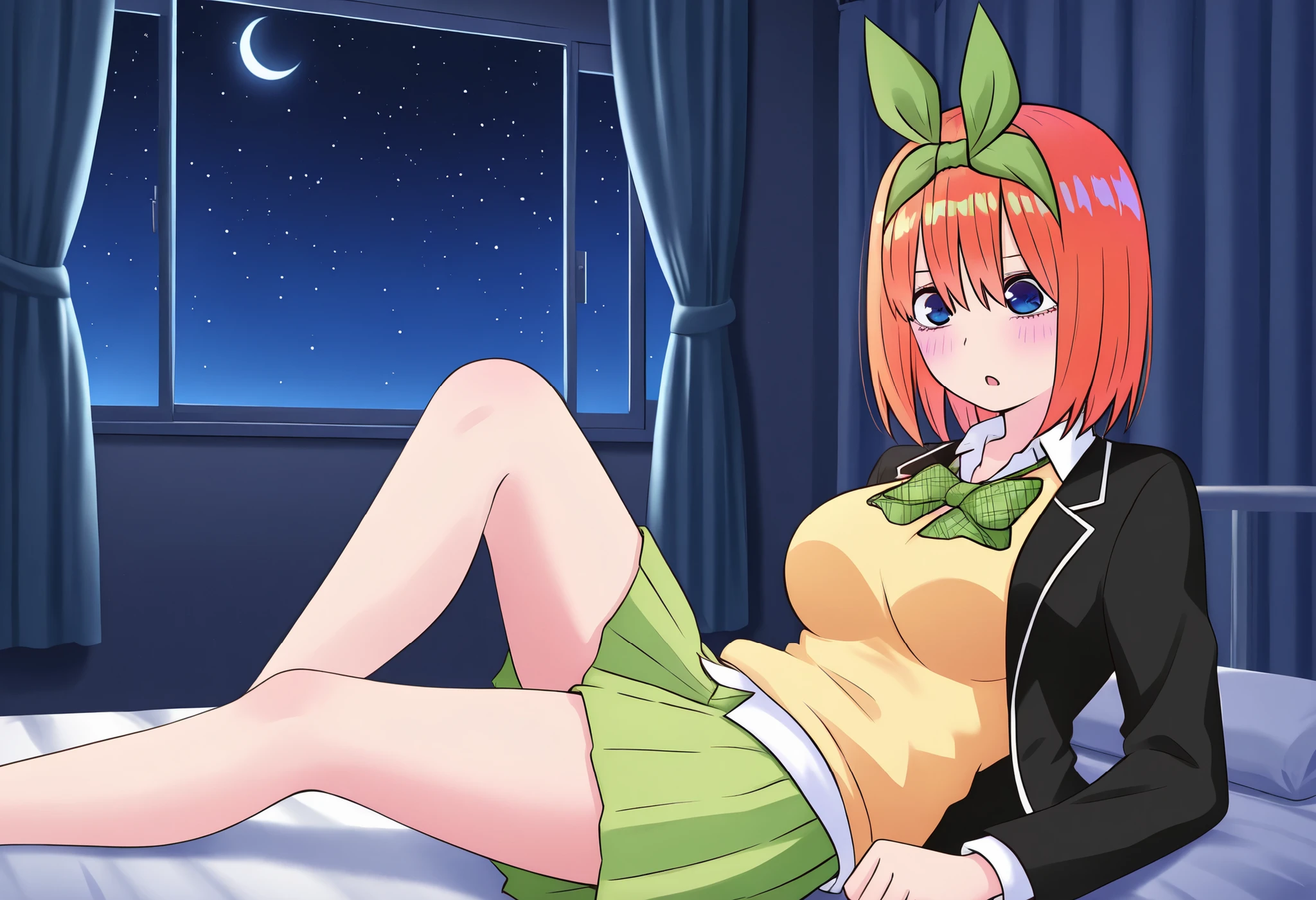 1girl,unwellness sickness nakano yotsuba, large breasts, orange hair, blue eyes, short hair, hair between eyes green bow hairband, black blazer, open blazer, yellow sweater vest, white collared shirt, bowtie, plaid bowtie, green skirt, pleated skirt,knee up,Infirmary,bed,screen,lie down on a futon,crescent moon, star (sky), dark room, night sky,