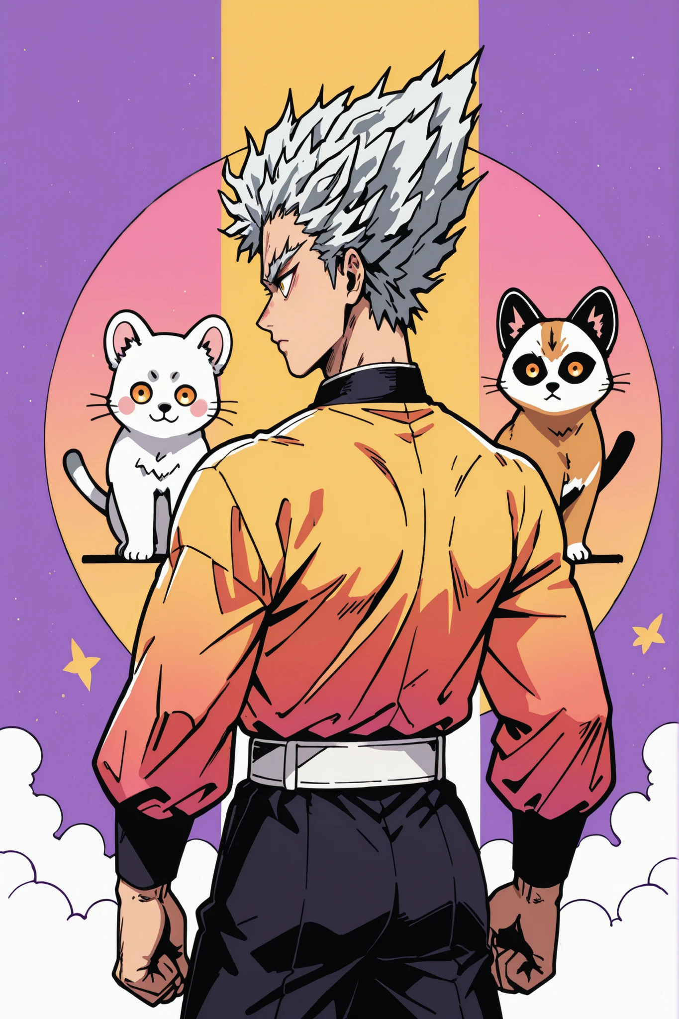 colorful back background with silver hair and yellow eyes based on a Demon Slayer illustration, gay, One Punch Man[garou]. Garou illustration