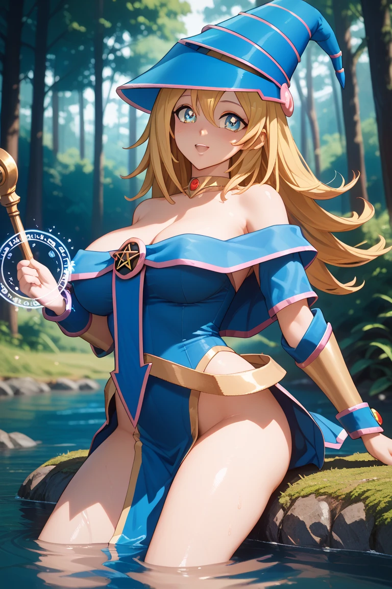 dark magician girl, mksks style, (very detailed background:1.0), (highly detailed background:1.0), masterpiece, best quality, (1girl), solo, (water), long hair, blonde hair, blue headwear, wizard hat, spell casting, castle, castle:2, motion blur, magic, (moonlight:1.2), chromatic aberration, depth of field, soft lighting, highly detailed face, highly detailed eyes, running through courtyard, laughing, ((nude))