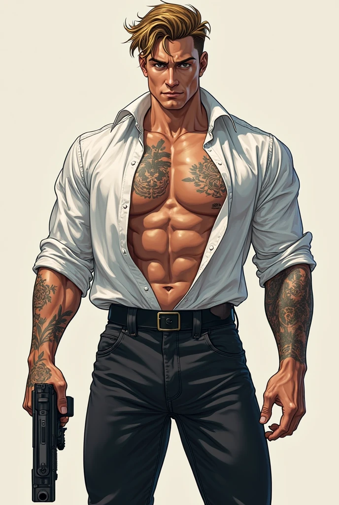 man, masculine, villain face, attractive, muscular, ((1man)), masterpiece, absurdres, best quality ,intricate details , (shiny skin, shiny body, shiny oily luster skin, shiny hair, pale skintone), Nightmare, attractive, ((muscular)), adult, one, full body Yakuza tattoo's, earrings, black pants, Topless , Dark aura, silver long hair, perfect detailed face, Yakuza, Red eyes, Dark Atmospher, ((MLS)), medium large shoot