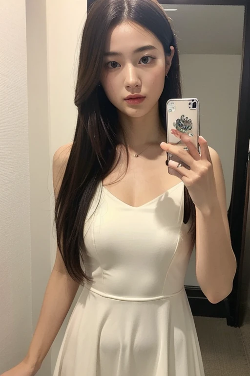 debris flies、highest quality、super fine、Understood、High resolution、8k wallpaper、perfect dynamic composition、(((Full body Esbian)))、((from below))、20 year old cute girl、detailed beautiful face、delicate and cute eyes、fine-textured skin、My cheeks turned red、(straight black hair)、take a selfie with your mobile phone、room、white background、White Room、take a selfie with your mobile phone、small bust、slender、Wearing a camisole