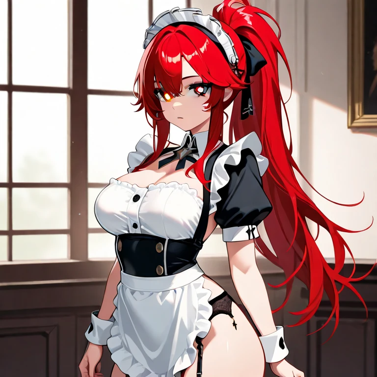 (1girl),(alone),(white skin),(long red hair),(young),(beautiful and super hot),(structured slim 1girl),(alone),(white skin),(long red hair Red eyes),(young),(beautiful and super hot),(slender body structured),(Big Breasts:1.5),(height 1.74cm),(hot ass),(Wearing),+,(\dressed as a maid, and maid's outfit and super revealing on the back, I lowered the short skirt a lot, showing her legs, and a little of her panties, and the part of the apron at the back of the skirt is very low, showing her delicious buttocks, and over the maid uniform it looks like a very short and sexual bra, and she has an ass big and super big breasts, she is super busty and has very big buttocks)/