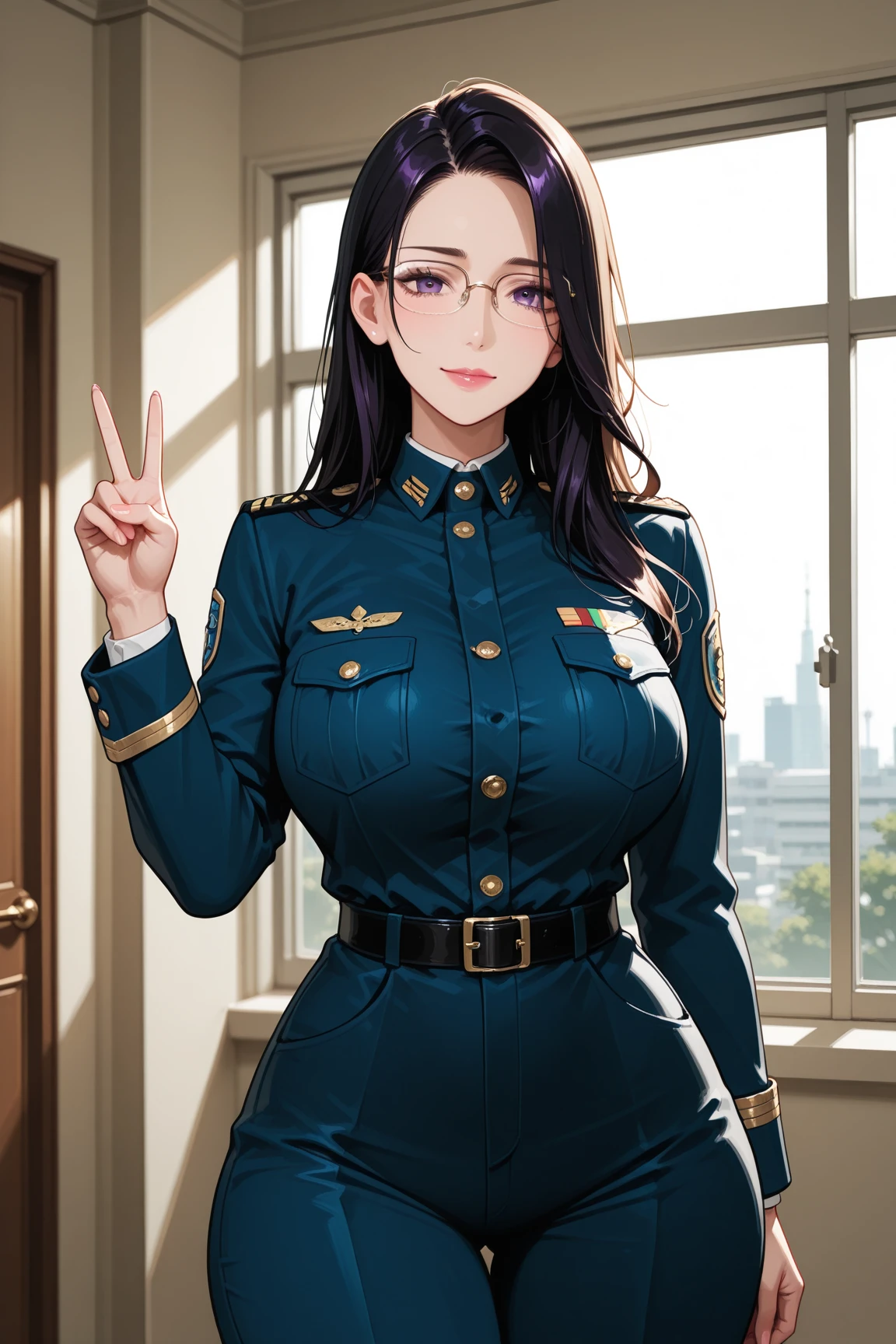 masterpiece, best quality, absurdres, high resolution, extremely detailed, Impressionist oil painting on an old canvas , medium portrait, energetic strokes, black and bronze palette, fine and detailed strokes, 1girl, solo, leather belt pouch, belt, black long hair, hime cut, blunt bangs, green eyes, smug, evil smile, uniform, military_uniform, military, NRA1926, peaked cap, cap badge,light blue uniform, black long boots, NRA officer, large breasts, narrow waist, <lora:NRAuniformv1:0.85> <lora:ooyari-style_v1.0:0.9>