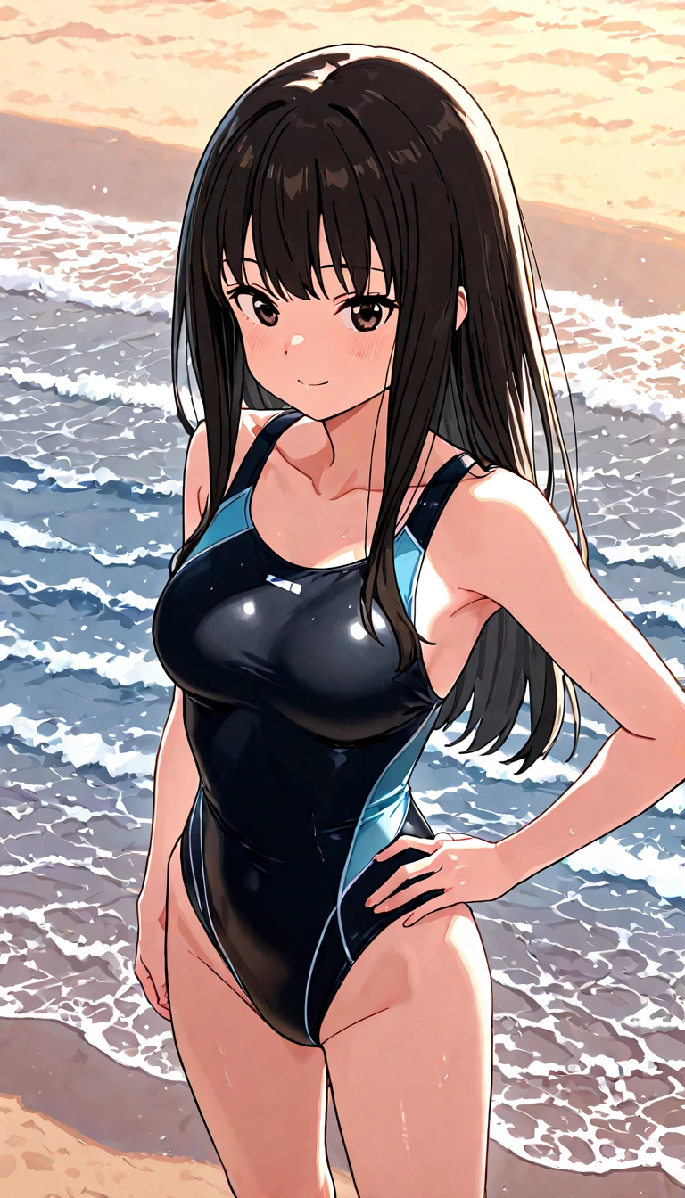 master-piece,hyper quality, hyper detailed,perfect drawing,solo, brilliant, beautiful, majestic, elegant, glittering, flower bird wind moon, fantastic, quaint, beautiful girl in one swimsuit, back figure, round and cute ass, punipuni, meaty ass, ass sticking out pose, B99W66H110, height 140cm, chubby, Voluptuous, blush, sweat, tanned skin, cheeky smile, swimming club, competitive swimsuit, one-piece type swimsuit, sober swimsuit, 10 years old, legs shoulder-width apart (30cm), slightly open crotch, water dripping from the crotch, embarrassed expression, blush, moist eyes, blue sky, cumulonimbus clouds, brilliant sun, sparkling water surface, school swimsuit, competitive swimming pool, taken from the back diagonally below, bust up, thin fabric swimsuit, frontal light, forward light, sunlight, summer sky, clearface,master-piece,hyper quality, hyper detailed,perfect drawing,CG,3D,8k,illustration,beautiful face girl,hiten_1,