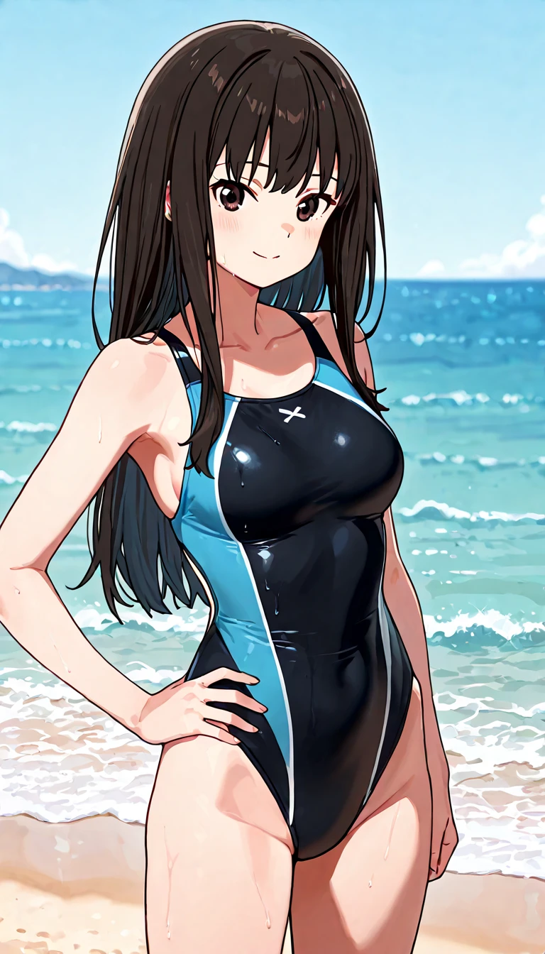 best quality, ultra-detailed masterpiece, dia kurosawa, one-piece swimsuit, pantyhose, smile
