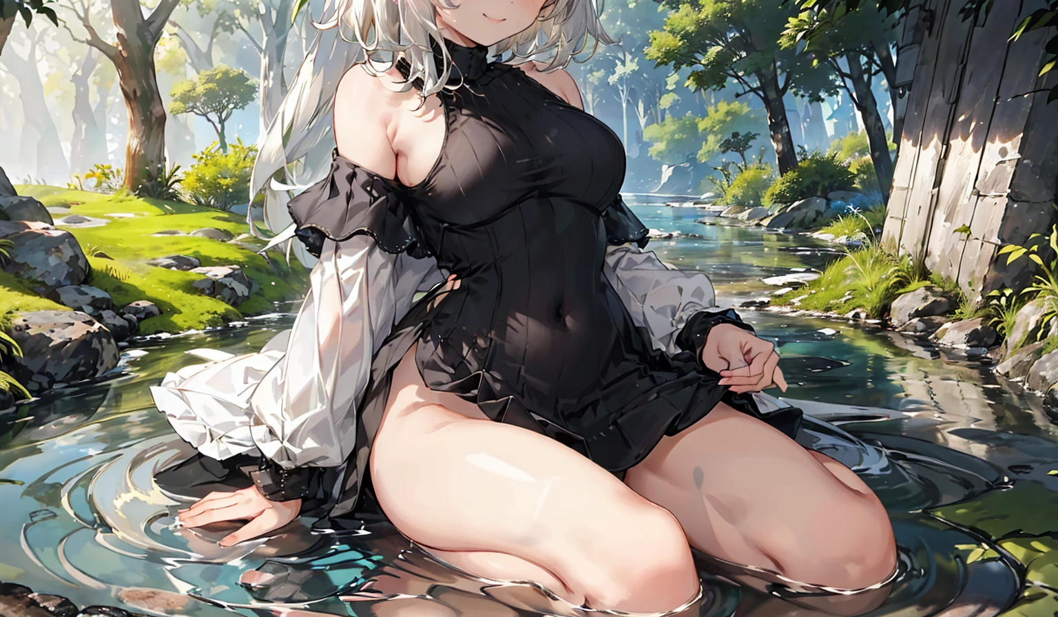 marin kitagawa,nude, nature background, large breasts,sexy, fullbody, perfect body,white heels,black stockings,cum on stockings,sperm on face, sitting on knees,nipples