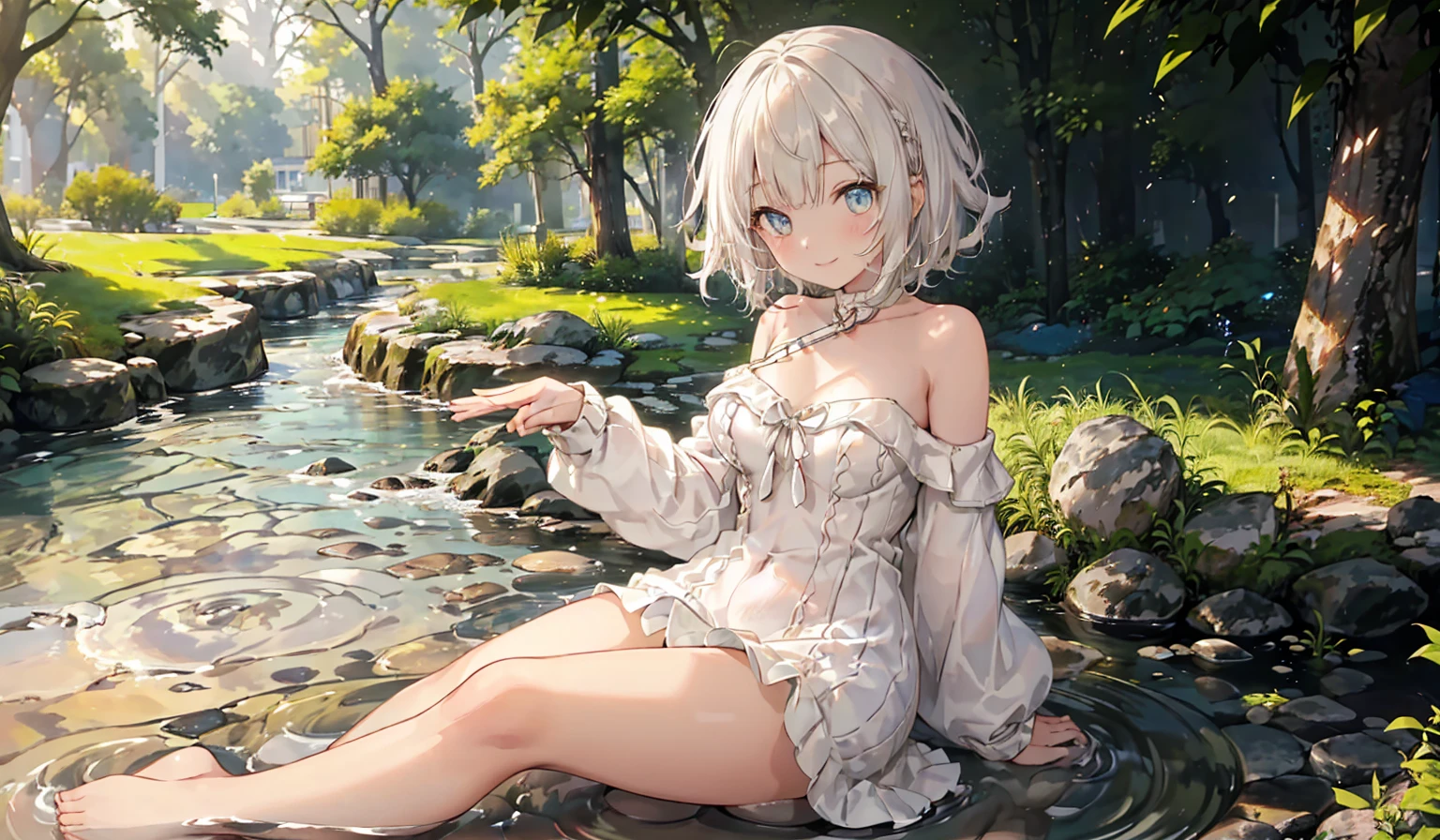 parfect anatomy、one girls、Very delicate and beautiful woman、short-hair、lying in a beautiful flower field、Lying on your back、robe blanche、artistic、top-quality、ultra-detailliert、masuter piece、8k、Captured from above、Professional Photographer、50mmlens