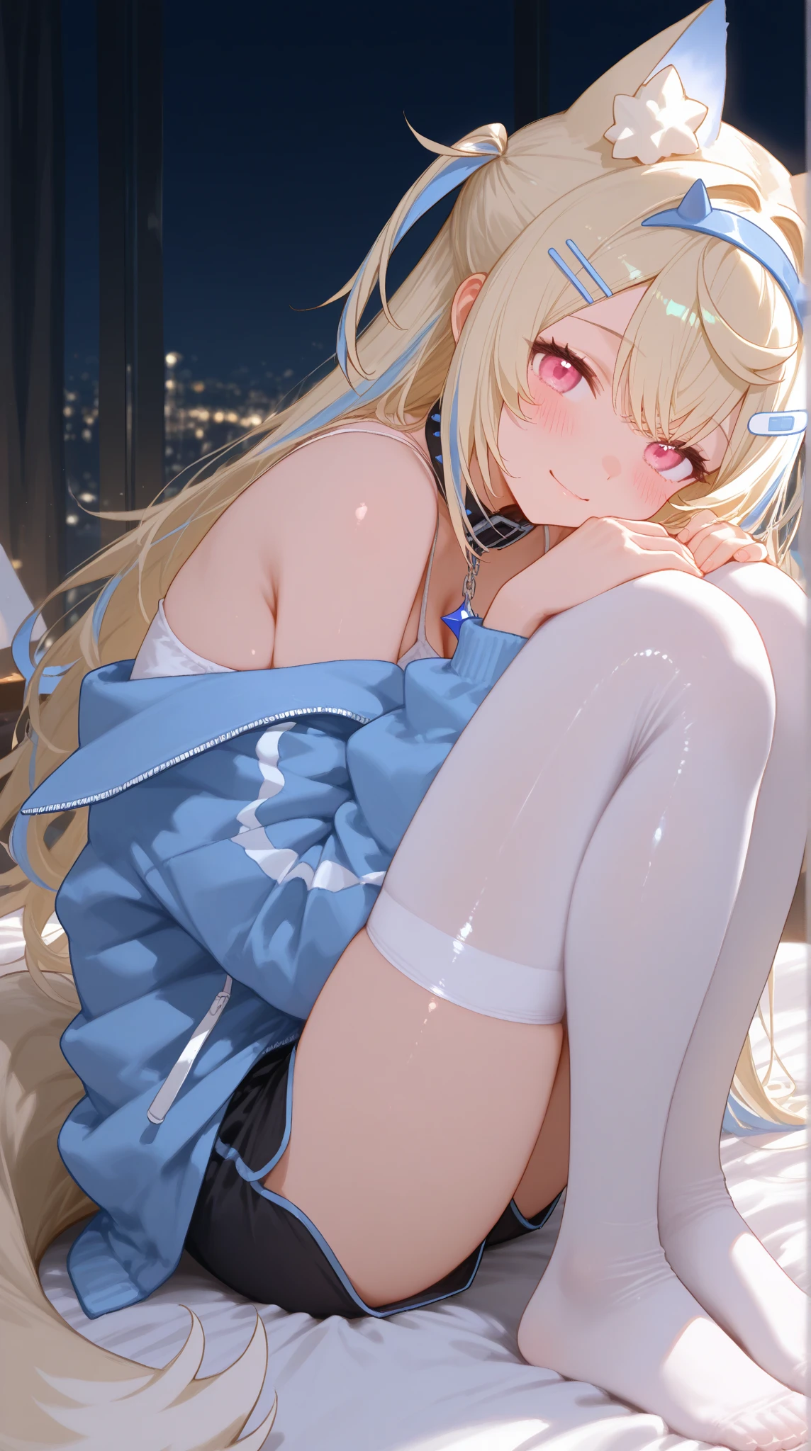 (Tabletop, Highest quality, High resolution, , Pixel perfect, 4K,), 1 Girl, single, alone, Beautiful woman、I could see the whole body、 ((Wavy mid-length hair, bangs, Black Hair)), ((Blue eyes, Beautiful eyelashes, Realistic eyes)), ((Detailed face, blush:1.2)), ((Smooth texture:0.75, Realistic texture:0.65, Realistic:1.1, Anime CG Style)), Soft Breasts, Dynamic Angle, Perfect body, ((, female teacher, , Earrings、necklace、Off-the-shoulder sweater、Dark blue flared skirt、white knee-high stockings、Spread your legs wide、、A shy smile)), Superior、、、evening、Sit at a desk、Massage your breasts with both hands、close your chest with both hands、I can see her light blue lace panties)、Angle from below)、