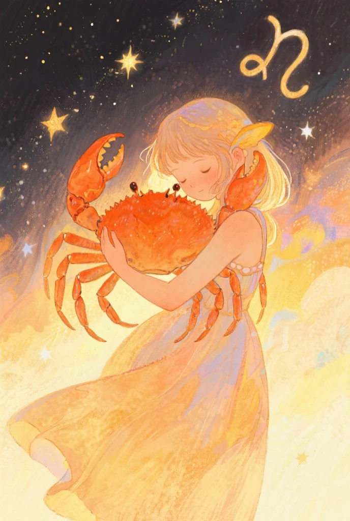 image embodying the zodiac sign Cancer in an anime girl interpretation. Envision a character that radiates sensitivity, intuition, and nurturing qualities. Utilize a soft and soothing color palette inspired by the moonlit ocean and incorporate subtle zodiac symbols such as the crab. Create an anime girl with a gentle and compassionate demeanor, capturing the protective and home-loving nature of Cancer. Infuse the image with a sense of emotional depth, familial connection, and artistic expression. Aim for a visually compelling composition that seamlessly merges anime aesthetics with the unique characteristics of Cancer.