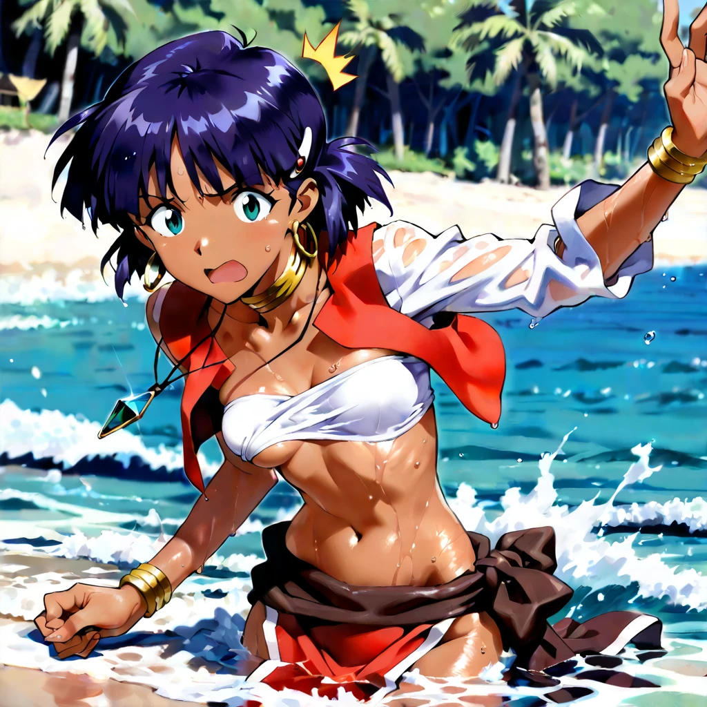 Imagine a stunning anime girl with tan skin, wearing a bikini top and cargo pants, lying on the floor in a state of starvation and discomfort. Her ribs are visible and her sweat glistens in the light, a range of styles and variations to choose from for this stylistic rendering.