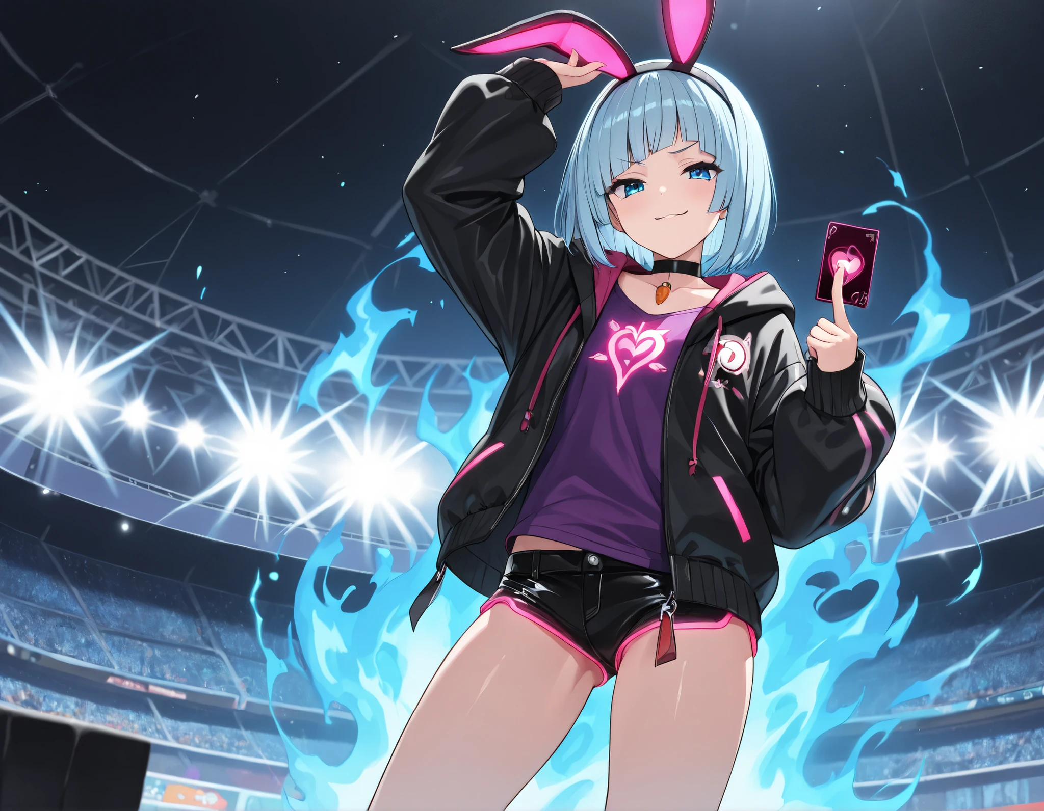 Takeda, {- anatomy error} , masterpiece, detailed, extremely detailed face, perfect lighting, perfect anatomy, perfect body, perfect hands, perfect face, perfect eyes, perfect fingers, detailed face, detailed eyes, score_9, score_8_ up, score_7_ up, anatomically correct, {1girl}: (18 years old, bob cut hairstyle, bangs, blunt bangs, short light blue hair, dark blue eyes), (black hairband, carrot pendant on a black leather choker, black jacket, open jacket, hood, hood down, hooded jacket, jacket, purple shirt, long sleeves, puffy long sleeves, sleeves past wrists , mini shorts, collarbone, fake animal ears, pink glowing LED bunny ears), BREAK, standing, (raising his hand above his head,lifting a card in his hand, the card shines and gives off a bright light, looking at the viewer in a smug manner, blue fiery aura surrounding her, epic scene, blue aura surrounding her, shining light), The stage is a Pokemon-style fighting stadium, dynamic angle