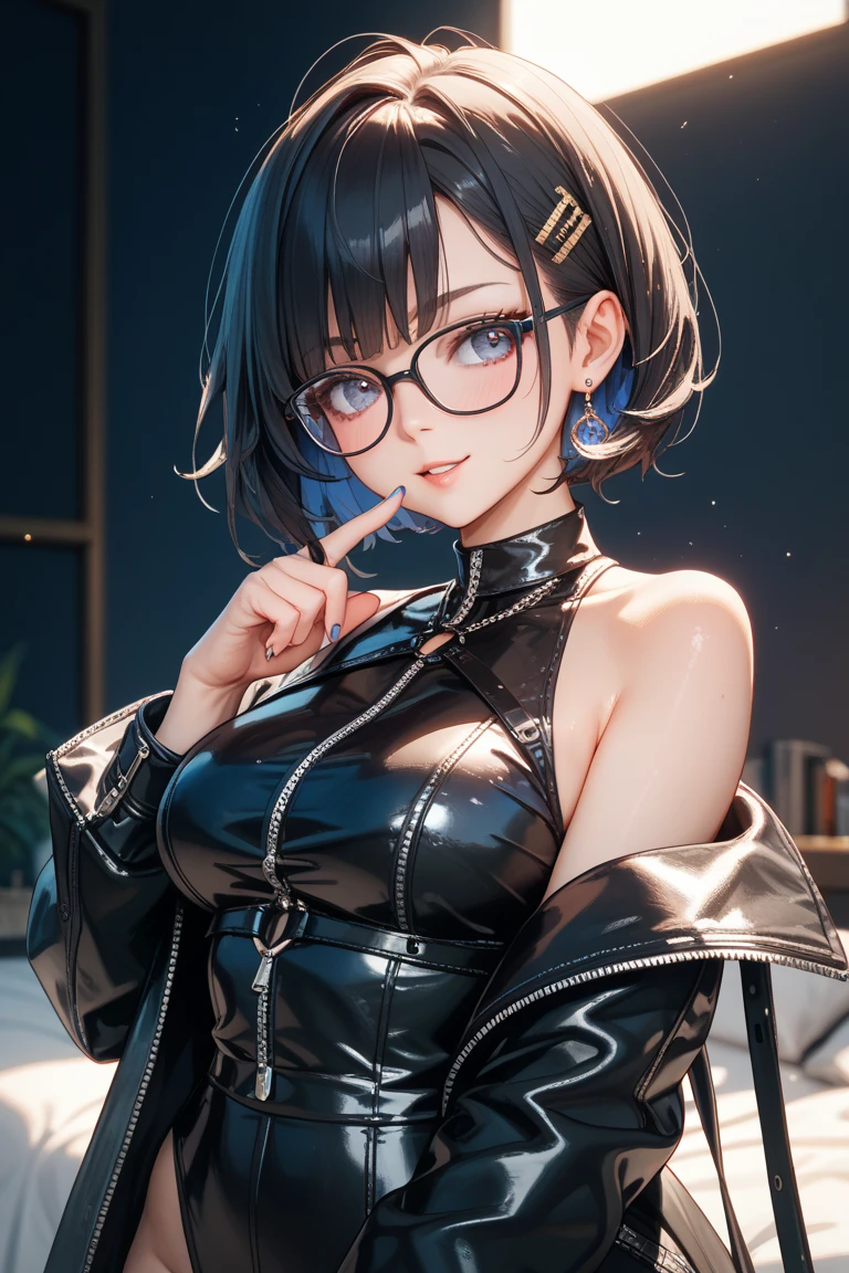 (in 8K, best qualtiy, masterpiece:1.2), The girls, cute little, The city of the near future, ciber, Night, (a smile:1.35), Red Eyes, Night, Floating hair, A dark-haired, animesque, front facing, eye glass, military outfits、tits out、valley、Lower breast