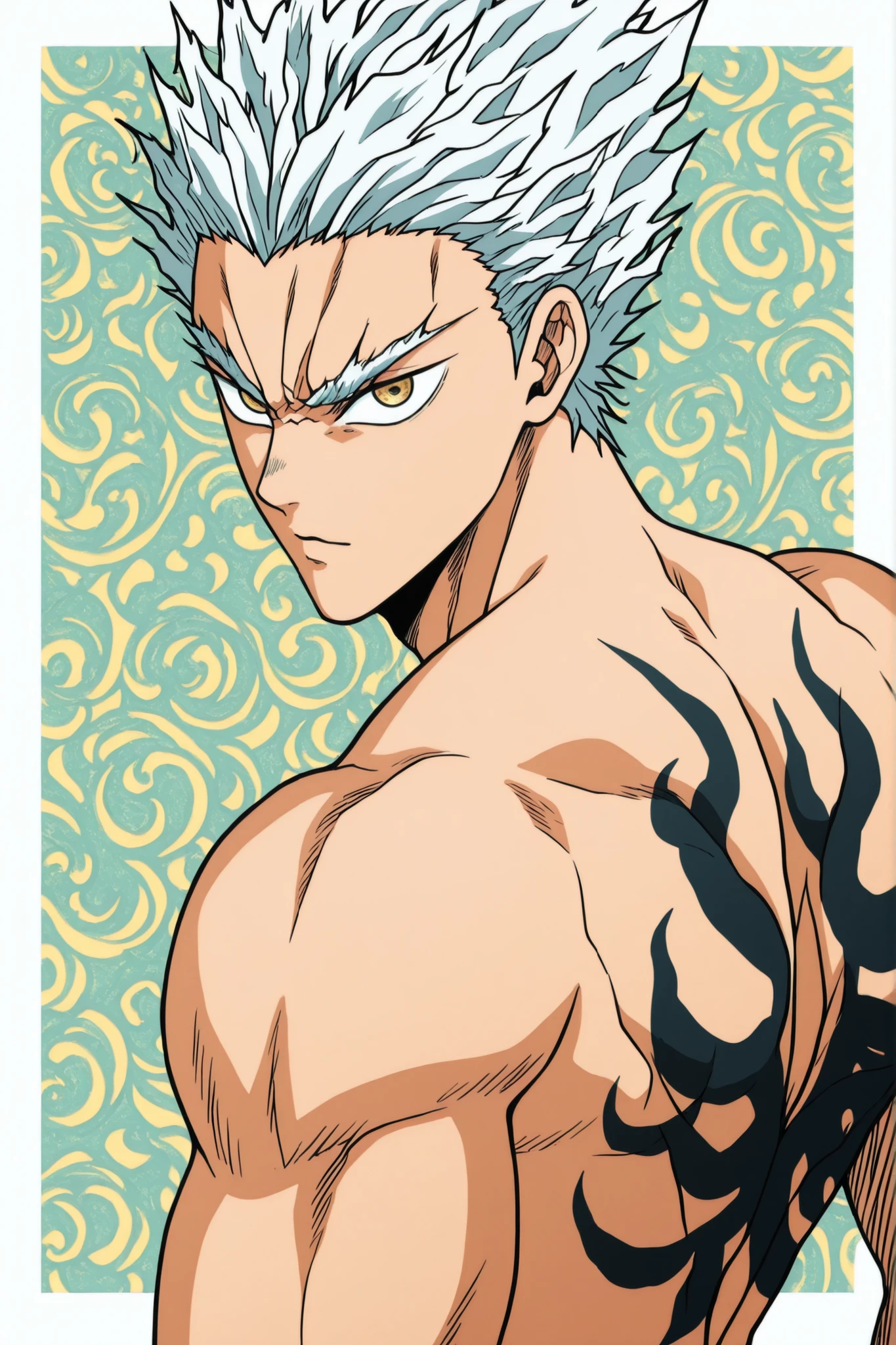 colorful back background with silver hair and yellow eyes based on a Demon Slayer illustration, gay, One Punch Man[garou]. Garou illustration