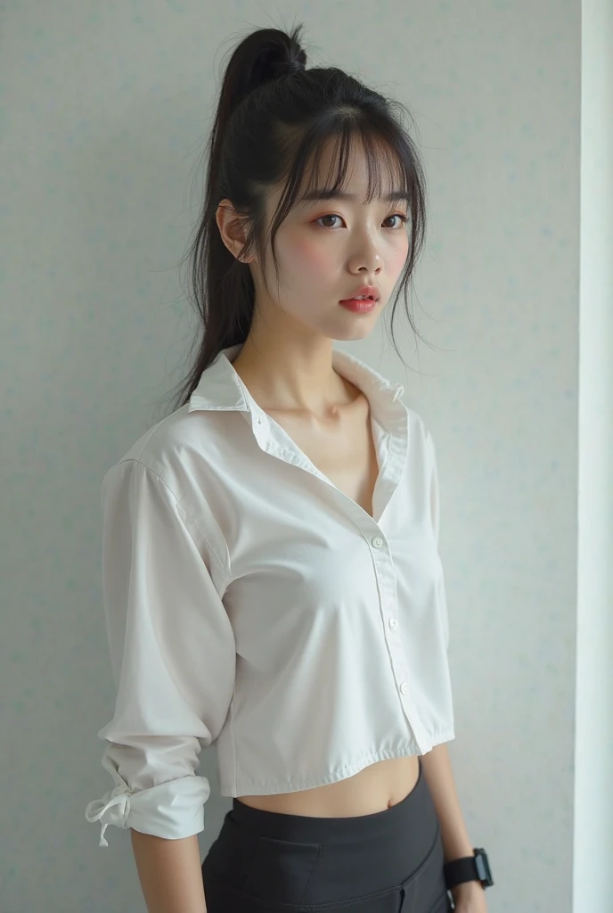 highest quality, masterpiece, (realistic:1.4), 1 girl, sad look, collared shirt, Upper body, dramatic lighting, building in the window、Name tag on chest「processor」、put your hands behind your head、look forward、armpit sweat、skirt