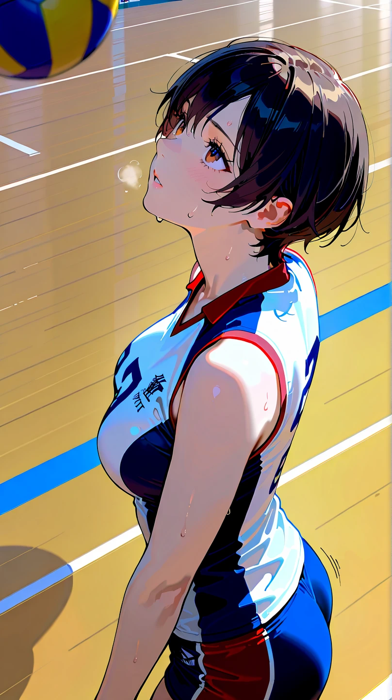 (masterpiece, 4k ,ultra detailed:1.2),(beautiful face:1.2),(anime:1.2),illustration,(solo:1.2),(dark skin:1.2),(looking at viewer:1.4),(supermodel:1.3),(basketball athlete:1.4),(basketball uniform:1.5),(basketball:1.6),(sweaty skin:1.3),(white hair),(bangs pinned back:1.3),13yo,(very short hair:1.5),(white panties),(string,Chiseled abs,bouquet,child,large breasts,petite:1.1),(sfw,nipple,dress,sports bra:1.5),(cinematic angle),(full body:1.2),(Cameltoe:1.3),(volleyball field:1.5),(show off Cameltoe:1.3),(basketball court:1.3)