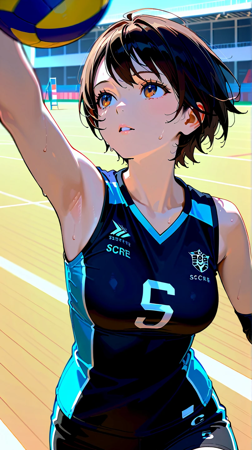 (masterpiece, 4k ,ultra detailed:1.2),(beautiful face:1.2),(anime:1.2),illustration,(solo:1.2),(dark skin:1.2),(looking at viewer:1.4),(supermodel:1.3),(basketball athlete:1.4),(basketball uniform:1.5),(basketball:1.6),(sweaty skin:1.3),(white hair),(bangs pinned back:1.3),13yo,(very short hair:1.5),(white panties),(string,Chiseled abs,bouquet,child,large breasts,petite:1.1),(sfw,nipple,dress,sports bra:1.5),(cinematic angle),(full body:1.2),(Cameltoe:1.3),(volleyball field:1.5),(show off Cameltoe:1.3),(basketball court:1.3)