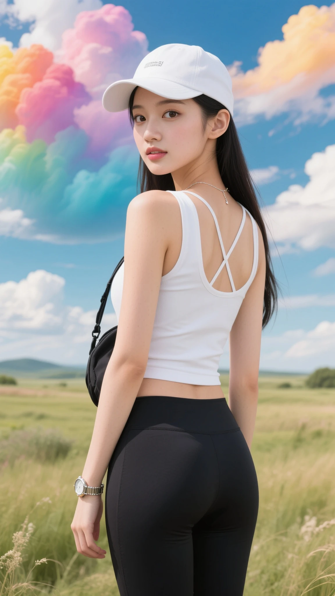 Japanese female, a lot of details, (underweight), detailed black hair, beautiful detailed hair, super fucking beautiful, delicate beautiful face, complex details beautiful and delicate eyes, perfect hands, (flat chest best quality:1.5), perfect and delicate limbs, detailed skin, best quality, ultra-detailed,mountain, standing, hair bun, (blue gym uniform), (white tank top), ((on the cliff)), (with a cliff:1.2), (doing rock climbing:1.4), full body shot, from behind, low angle shot