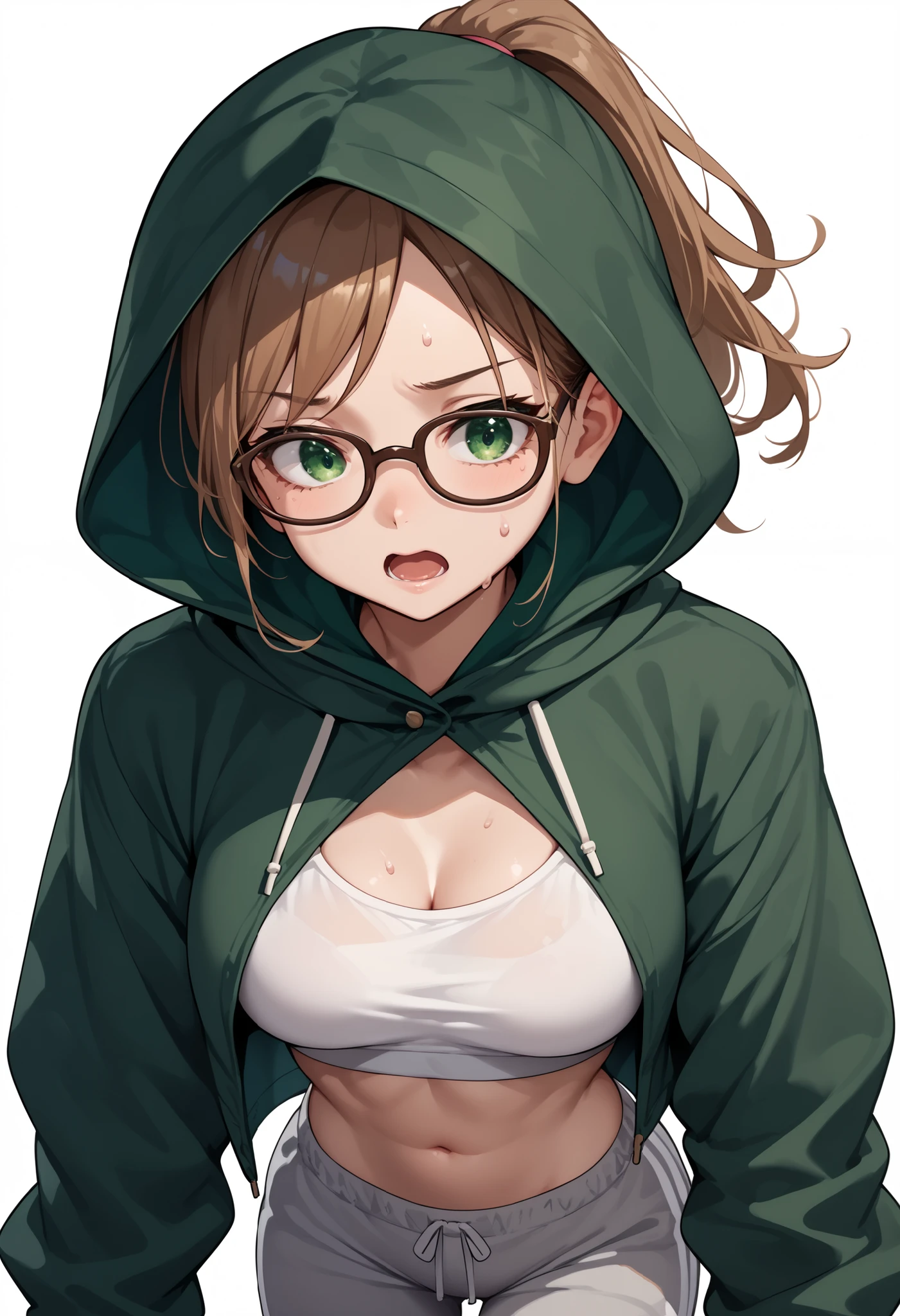 source_anime ,score_9, score_8_ up, score_7, ((White background)) ((japan woman)) ((1girl)) (solo girl) ,30 years old, rathing_questionable (dark Green jacket:1.4) (White crop top) (Gray sweatpants:1.2), green eyes , (ponytail) ,(Brown glasses:1.3) ((breasts:0.8)) , open mouth ((very thin:1.2)) Hood head covering, mysterious, hidden ((Close the hood:1.4))