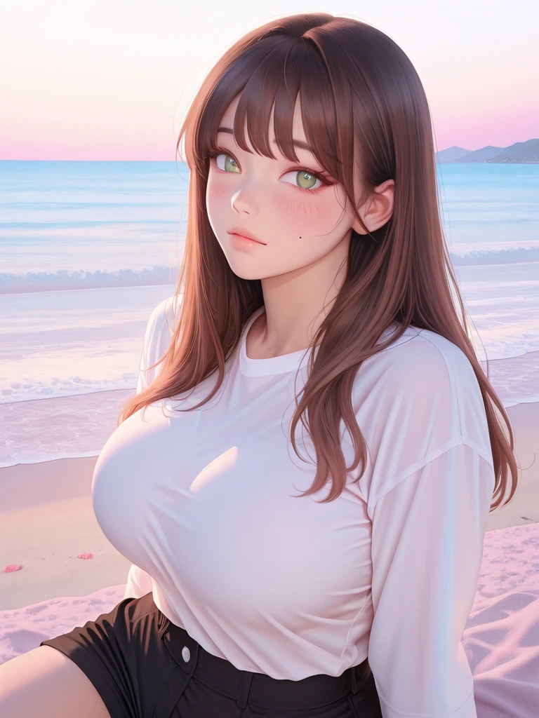 1 girl, masterpiece, best quality, extremly detailed, (beautiful detailed glow), lens flare, extremely detailed CG, temptation light smile, (aquatic eyes),(nice face:1.2),elaborate features, (large breasts:1.5, puffy nipple,),realistic skin, small nose, glowing lips, (soft focus:1.4), <lora:hugeNipples_v10:0.95>,brown hair color,(collarbone:1.2),(show cleavage),<lora:japaneseDollLikeness_v10:0.3>, <lora:Taiwan-doll-likeness:0.4>,(OVERSIZE sweater:1.5), woolen tight high stockings ,gauntlet,(reality:1.4),full body, floating hair, back behind, looking back,((salar de uyuni)), sunrise, clouds, backlighting, purple sky, yellow sky, gradient sky, backlighting, (multicolor:1.5),(show nipple)