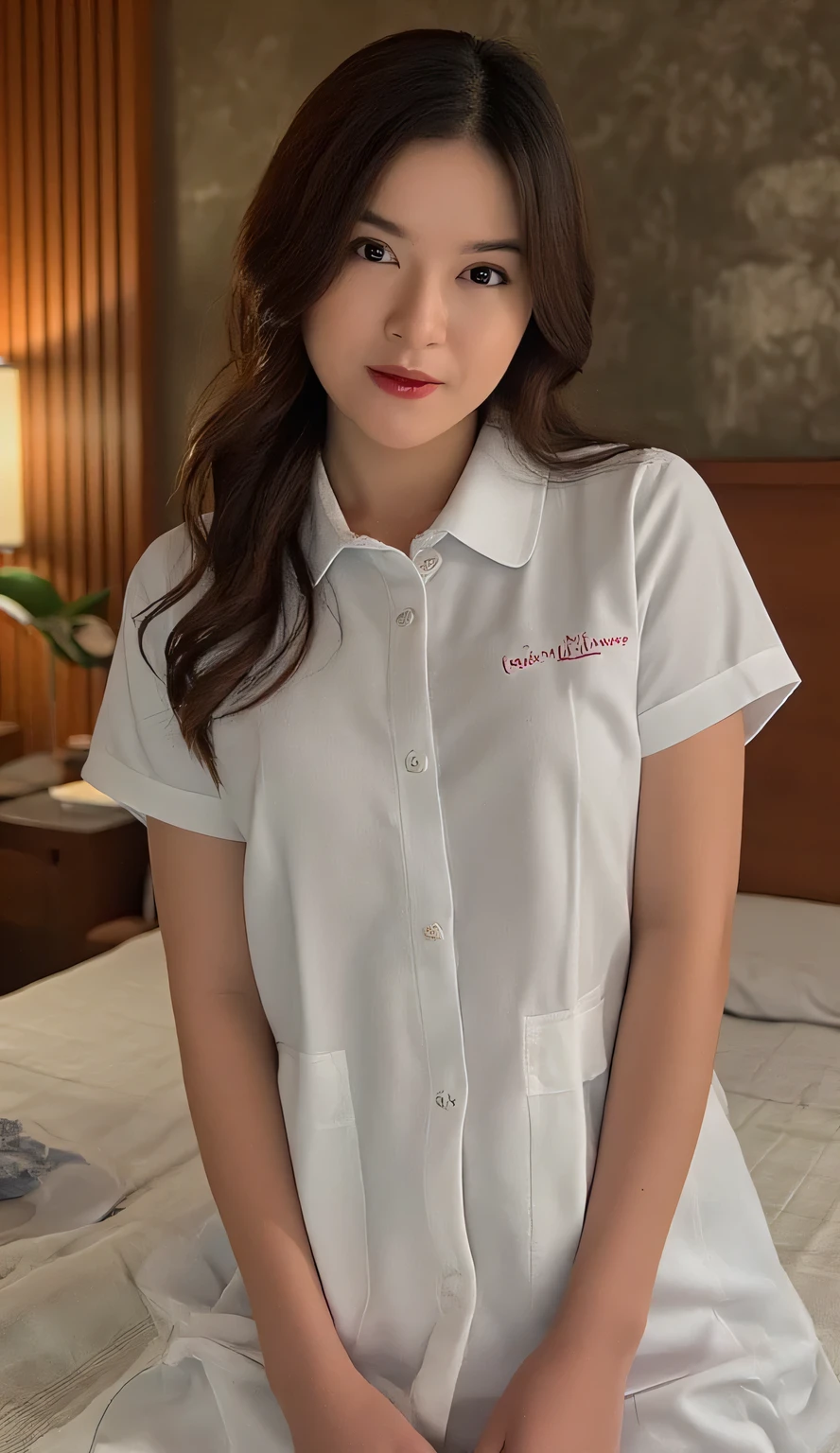 a beautiful woman, kneeling on the mattress, body facing the camera, nurse uniform, Big , bibir merah