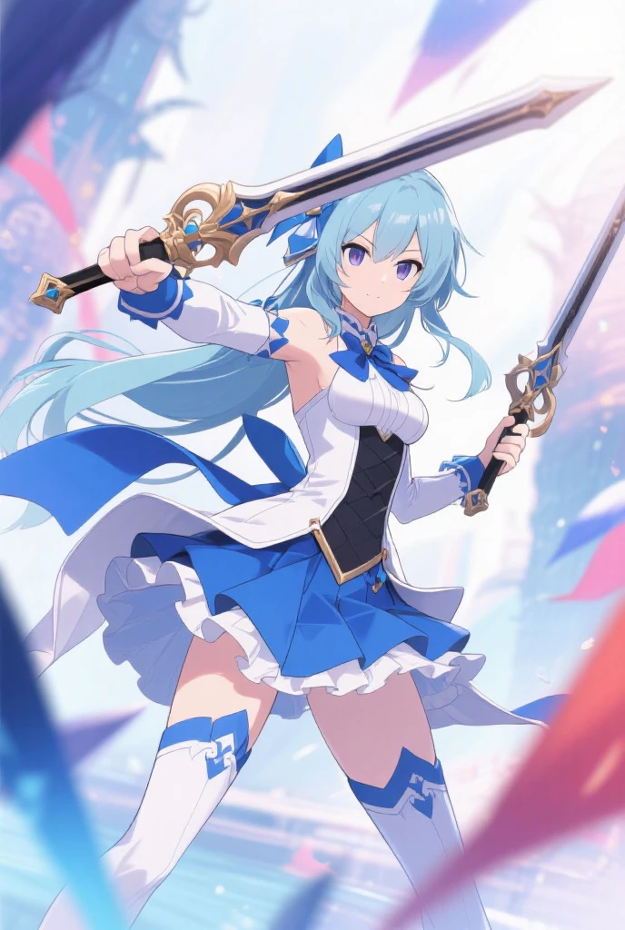 (masterpiece, best quality), 1girl, light blue hair, water hair, light blue eyes, flying petals, water blade, light blue water magic circle, light blue corset, black thighhighs, sidelighting, light particles, abstract,