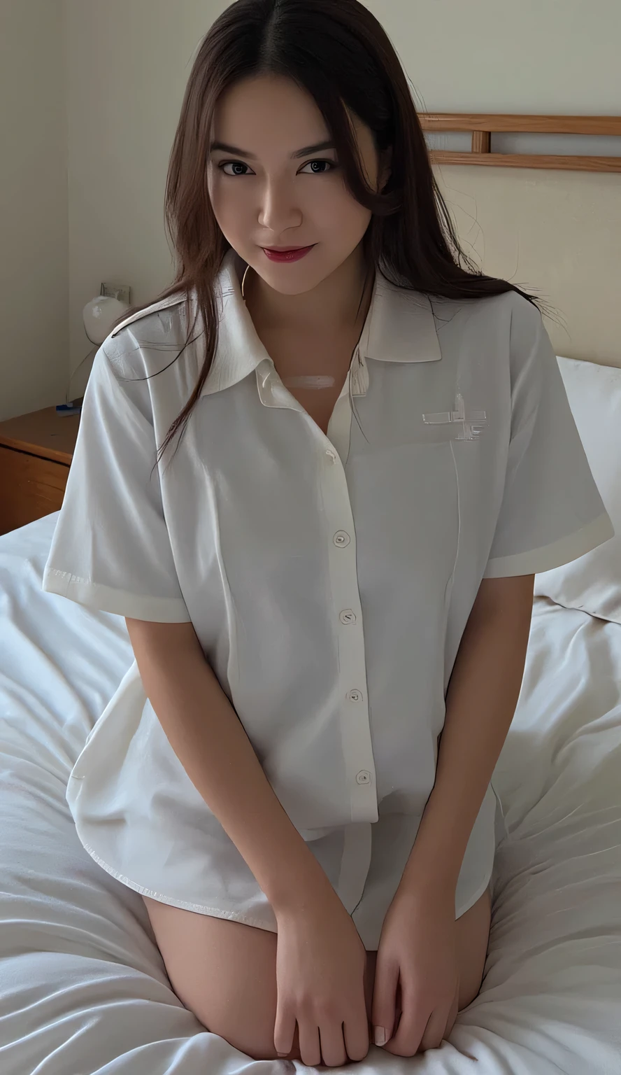 a beautiful woman,  kneeling on the mattress, body facing the camera, nurse uniform, Big ,  bibir merah