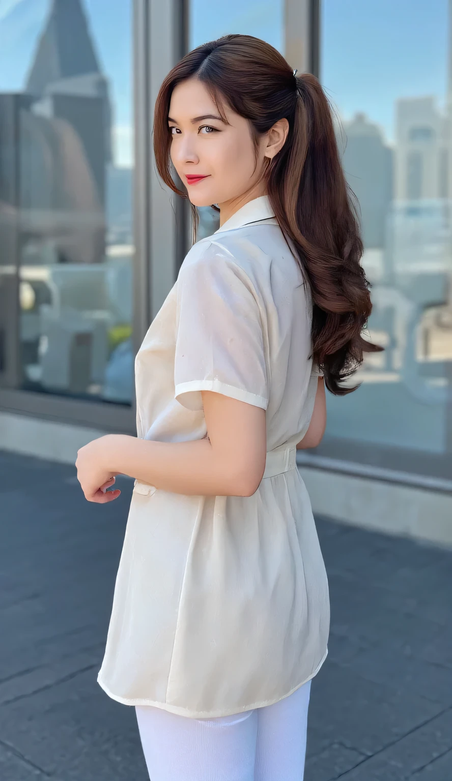 a beautiful woman, standing in the middle of the city , body facing the camera, transparent nurse uniform, White leggings , Big , bibir merah