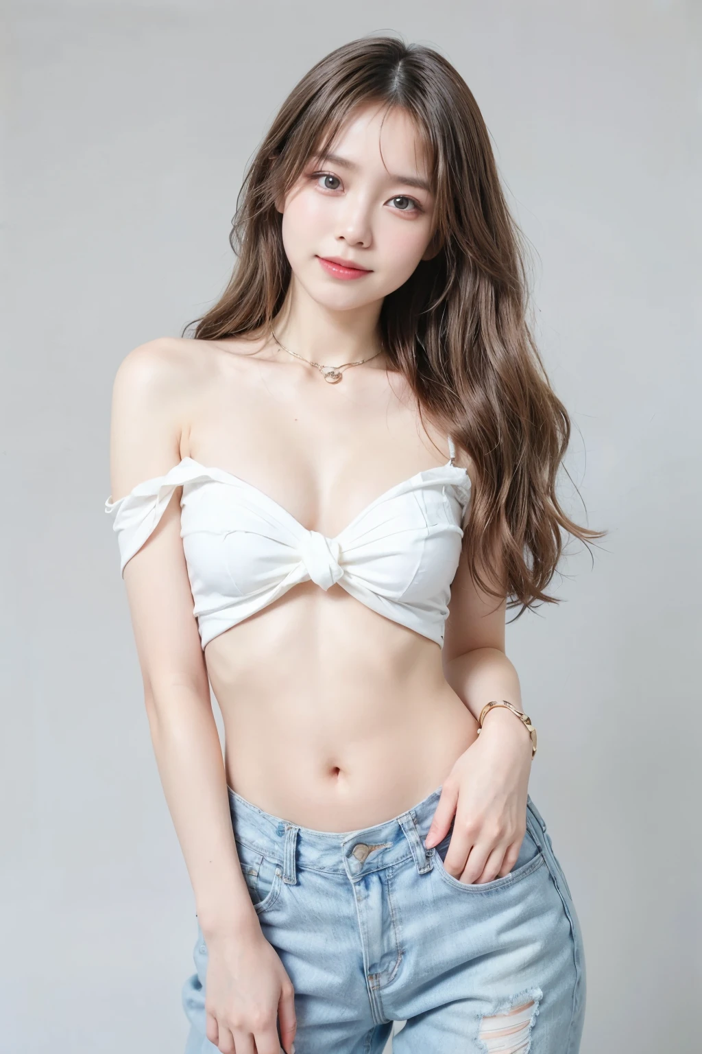 8K,A slender woman, red glossy lips,(Extremely detailed beautiful face)), (best quality), (Super detailed), (Extremely detailed CG unified 8k wallpaper),original photo, (standing), (White background) ,(cleavage),(average light source),shorts,black hair,long hair,(soft small breasts),(tie),sexy pose, full front body