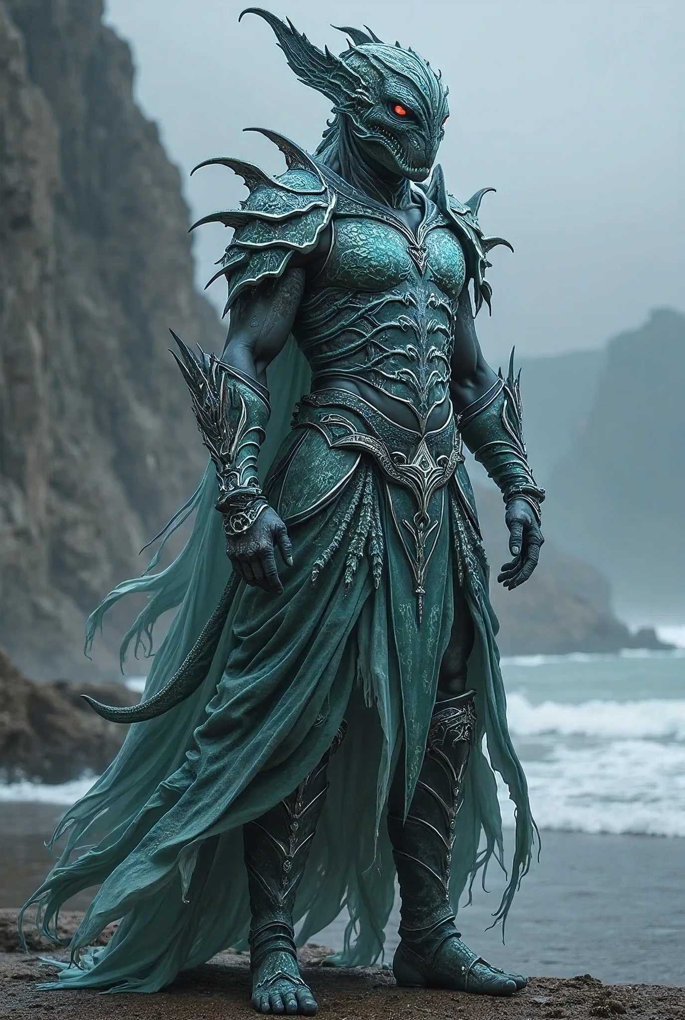 of an elven man with long white hair, dragon scale skin with souls in the eyes, with torn clothes, type rags, that strike fear into their opponents:
