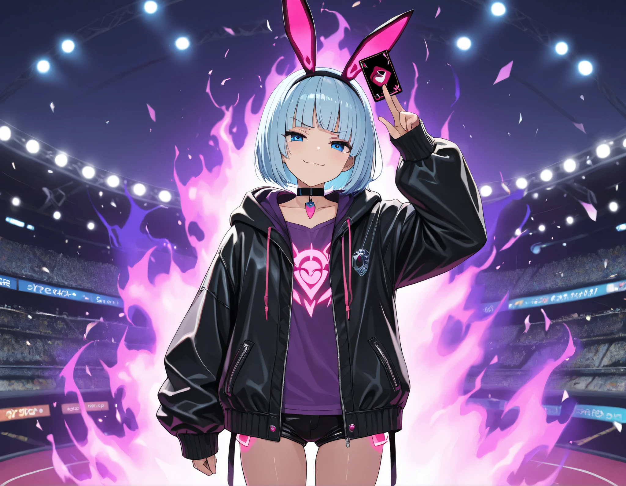 Takeda, {- anatomy error} , masterpiece, detailed, extremely detailed face, perfect lighting, perfect anatomy, perfect body, perfect hands, perfect face, perfect eyes, perfect fingers, detailed face, detailed eyes, score_9, score_8_ up, score_7_ up, anatomically correct, {1girl}: (18 years old, bob cut hairstyle, bangs, blunt bangs, short light blue hair, dark blue eyes), (black hairband, carrot pendant on a black leather choker, black jacket, open jacket, hood, hood down, hooded jacket, jacket, purple shirt, long sleeves, puffy long sleeves, sleeves past wrists , mini shorts, collarbone, fake animal ears, pink glowing LED bunny ears), BREAK, standing, heroic pose,(raising his hand above his head,lifting a card in his hand, the card shines and gives off a bright light, looking at the viewer in a smug manner, blue fiery aura surrounding her, epic scene, blue aura surrounding her, shining light), The stage is a Pokemon-style fighting stadium, dynamic angle