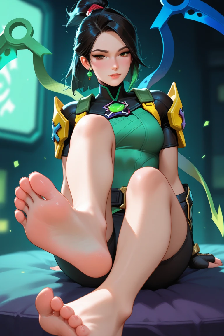 Viper standing in a room with her foot up, mid view from below her feet, high soles, legs taking your pov, masterpiece, best quality, valorantviper, green bodysuit, elbow gloves, belt, looking at viewer, midriff exposed, face, portrait, close-up, glowing eyes, green smoke, detailed foot pov, 8 feet from the camera, low view, macro giantess, perspective from below, giantess, cory chase, show from below, full body pov, giantess shot, big feet, feet posing