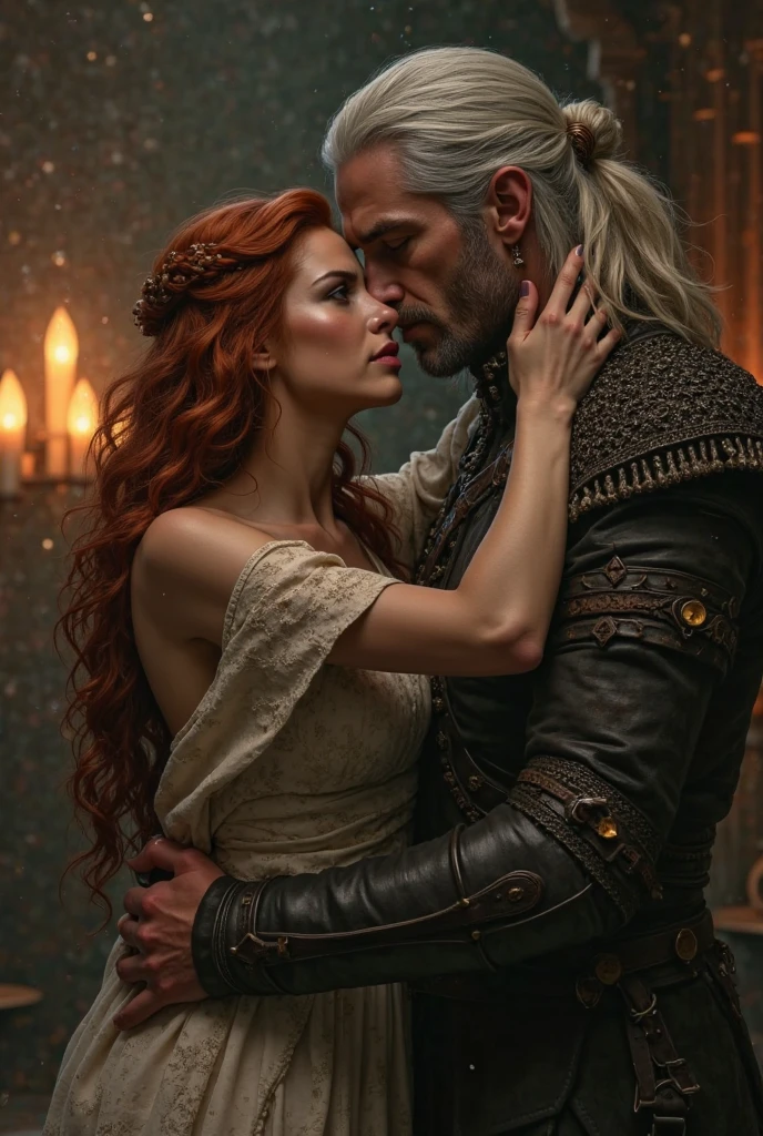 (realistic, brilliant composition, best quality cinematic lighting, dark werewolf romance aesthetic:1.4),

a **shirtless, muscular man** in the foreground, waist-up, standing in a shadowed **stone-walled medieval castle interior**, torchlight flickering behind him,  
he has **silver hair**, tousled and slightly damp, sharp jawline, piercing **blue eyes**, expression intense and territorial,  
he’s holding a **beautiful auburn-haired woman** close, his right arm around her waist, **left hand gently cupping her jaw**, their faces near—*passion simmering*,  

the woman: **waist-up**, elegant posture, long **auburn waves** falling over her shoulder, deep **blue eyes**, soft parted lips, she’s wearing a slightly torn, formal dress—rich fabric like velvet or silk, skin pale and glowing under the warm torchlight,  

in the background: **a massive black werewolf**, crouched in a protective stance, not aggressive but powerful, **blending into the shadows**, eyes dark—not glowing,  
castle walls covered in **aged stone textures**, gothic arches faint in the blur, floor lit faintly by moonlight streaking in from high stained windows,  

(add subtle film grain, minimal fog, golden-red lighting), full romantic tension, portrait crop from **waist-up**, everything soaked in **gothic heat and primal energy**,  
(sensual dark fantasy romance:1.3), no explicit cues—just intensity, possession, and mystery. (Brilliant composition (1:10))