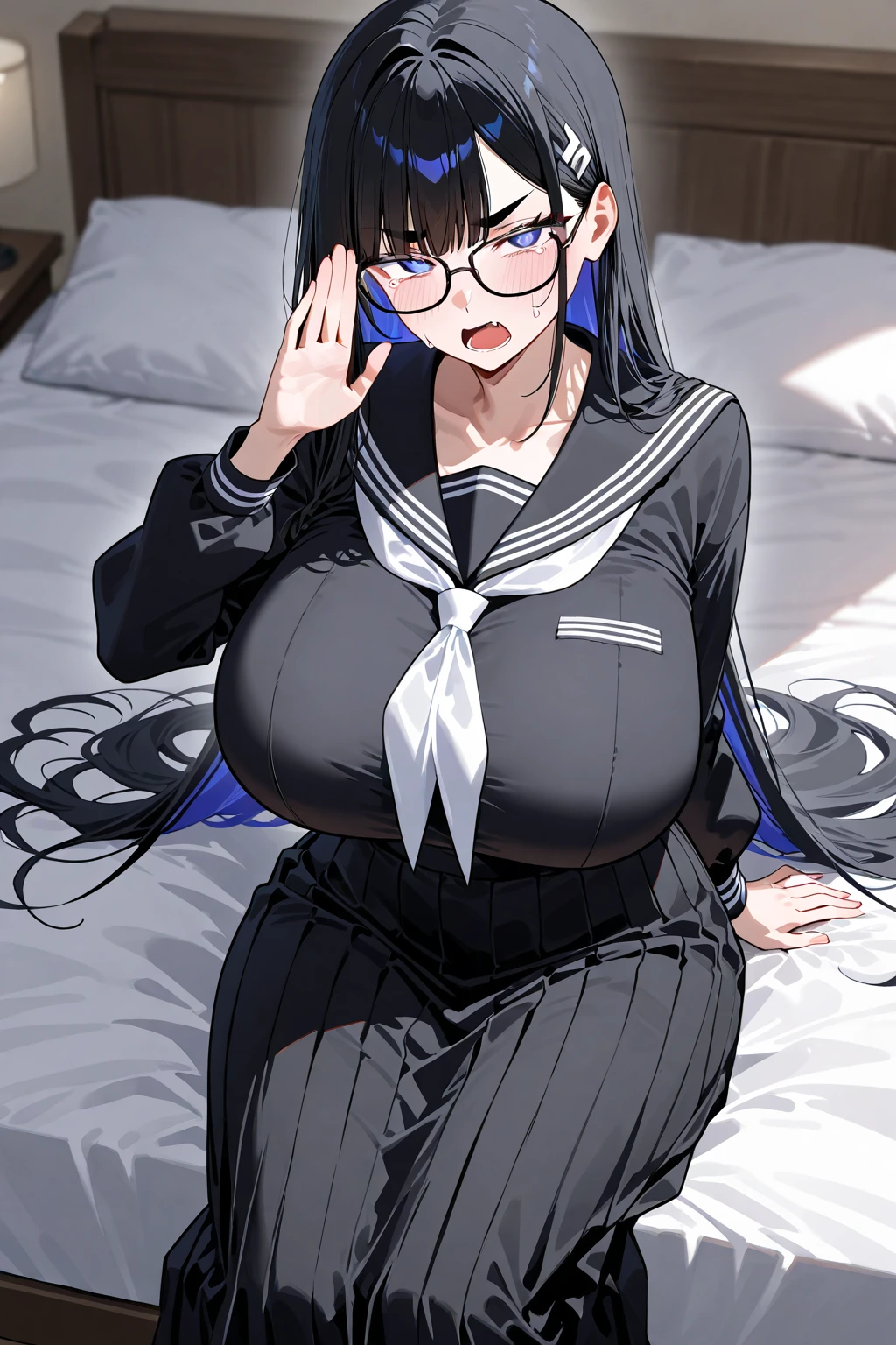 1girl, solo, masterpiece, (((anime adult woman))), (((wearing WHITE turtleneck sweater with sleeves))), (beautiful detailed eyes), blue eyes, (((open mouth))), (((annoyed))), ((((blushing)))), (((black cat ears))), black hair, black long hair, (((crossed arms))), (((standing))), ((facing away from viewer)), (((wearing WHITE thigh high socks))), (((no shorts))), (((showing black panties))), spectacled, with BLACK glasses on, attractive anime girl, (((white background))), (perfect hands), (perfect anatomy), (((full body))), (close up), (saying "Hmph!"), high resolution, ultra sharp, 8k
