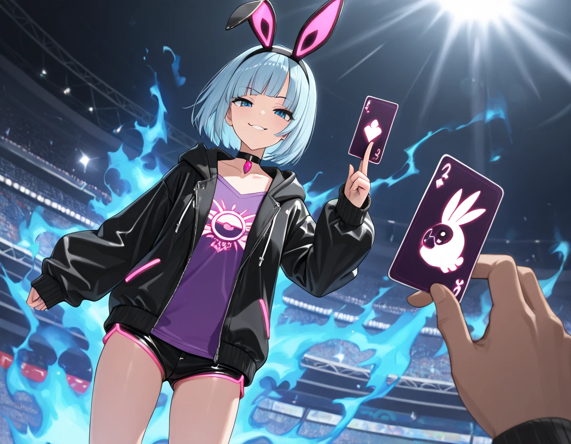 Magical senpai, beautiful, sexy, hot, doing a magic trick, wearing nothing, completely naked, hat, provocative, doing a magic show for a crowd of people, card trick, mange, anime style, action shot, outdoor background, on a outdoor stage, making a card disappear magic trick, shoulder length hair, talking to the crowd, completely naked, perfect body, shoulder length hair, round boobs, thick body, exposed breasts and pussy, legs spread, everyone sees her naked, intense embarrassment, embarrassed, blushing, humiliated, high quality, best resolution, 4K, trying to cover herself up