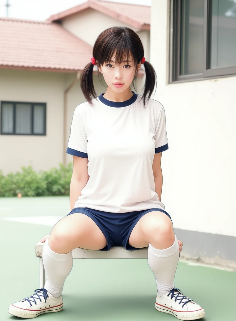 Browsing Caution、最high quality、high quality、Best image quality、8k、最High resolution、High resolution、最high quality、masterpiece、RAW Photos、Full body photo、Detailed and realistic human body、Detailed and realistic skin、Realistic face in every detail、Realistic reproduction of every detail、Detailed and realistic lips、Detailed and realistic teeth、Detailed and realistic ears、Detailed and realistic hair、Detailed and realistic weapons、Realistic reproduction of every detail、Realistic fingers in every detail、(Beautiful Hands、thumb１reference４)、Realistic feet down to the last detail、((Beautiful Japanese Girl))、((Junior.Idol))、((Elementary school girl))、((Cute Japanese 12 year old girl))、((Young Face))、((Random Hairstyles))、((immature body shape))、((Flat Chest))、((Small breasts))、((Glowing skin all over the body、Fair skin))、((Indoor court))、((Flooring))、((School gym clothes))、((White clothes、Black bloomers))、((Sitting on the floor))、((Thighs wide open))