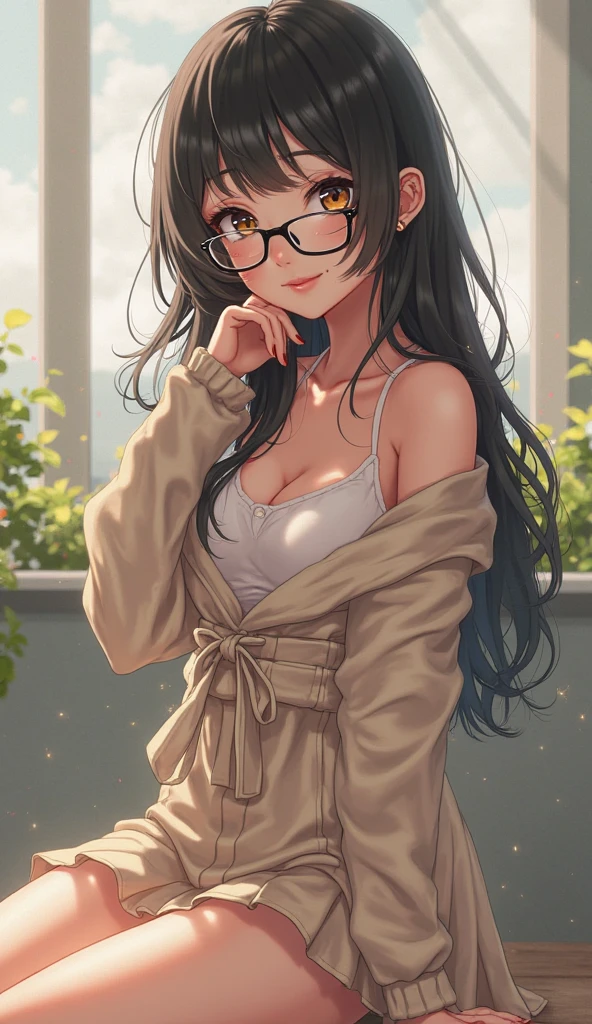 ((masterpiece, Highest quality, High resolution, 超High resolution, Pixel perfect, Depth of written boundary, 4K, RTTX 10.0, High resolution))), One girl, single, alone, Beautiful Anime Girls, Beautiful art style, Anime characters, ((Black Hair, Long Hair)), ((Red eyes:1.4, Round eyes, Beautiful eyelashes, Realistic eyes)), ((Detailed face, Blushing:1.2)), ((Smooth texture:0.75, Realistic texture:0.65, Realistic:1.1, Anime CG Style)), Medium chest, Dynamic Angle, Perfect body, Dynamic pose, ((close, throw, cute, Shoot in the face, smile, Open your mouth)), Glasses,((Casual clothing, knit cardigan, Shorts,stockings)), Cafe, Sitting in a chair, (cowboy shot:1.2), shoot from front