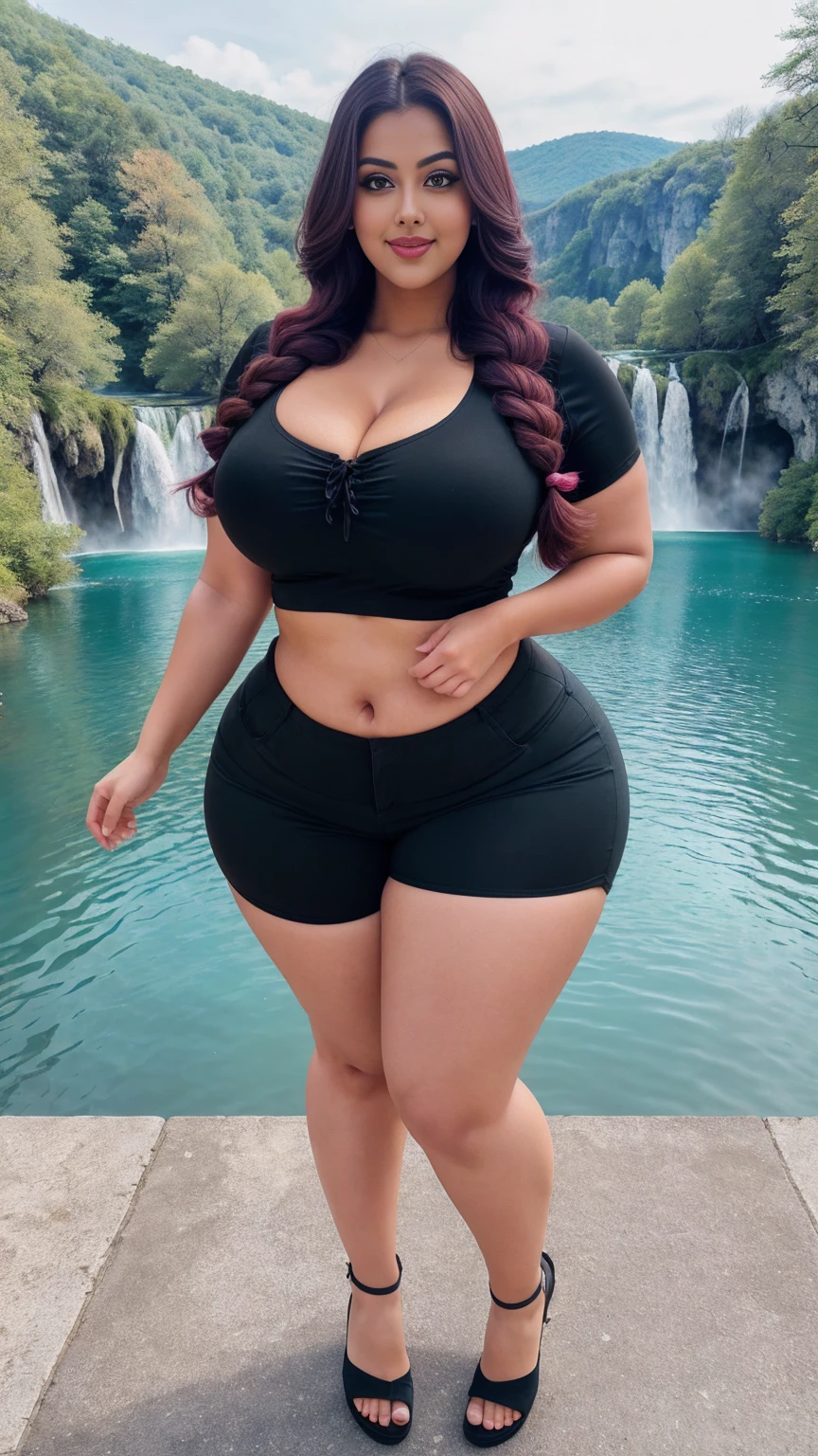 ((best quality)), ((masterpiece)), (detailed), perfect face, araffeTight skirtsShort , thicc, wavy short hair, she has a jiggly fat round belly, bbwchan, wearing tight simple clothes, skinny waist and thick hips, widest hips, her belly is fat and round, soft curvy shape, hyperrealistic full figure, wearing a cute top, wide hips, Blue swimsuit,On the beach by the seaBlue