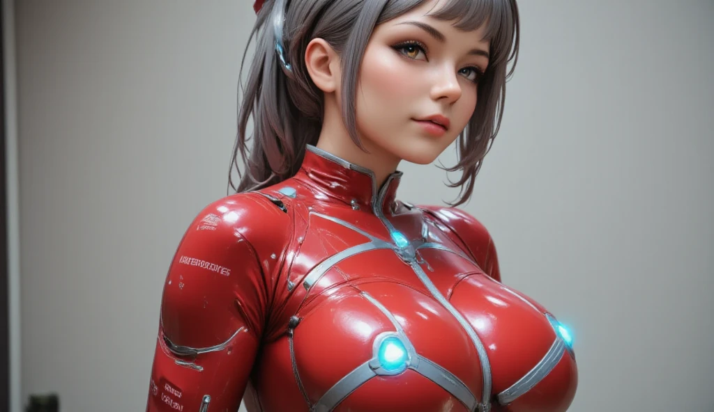 Beautiful Face,face is Japan, 1 Woman, Big, Curvaceous,(8k, RAW photo, top quality, masterpiece: 1.2)(Realistic, Photorealistic: 1.37) (Blood vessel attached to tube)((((Bikini Cyborg robot parts)))), (Light gray hair), Long hair, Wavy hair, Twin tails, Medium shot, ((Seductive smile) ), (black eyes), princess cut, from below, (whole body),posing,,in the lab,( blood vessel connected to a tube),((mechanical vertebrae attached to the back)),((mechanical neck attached to the neck)),(wire and cable attached to the head and body),(character focus),science fiction,perfect female figure,perfect anatomy,hyperanatomy,full body shot,