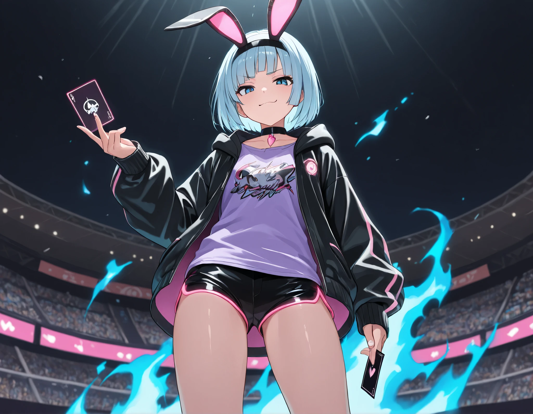 Takeda, {- anatomy error} , masterpiece, detailed, extremely detailed face, perfect lighting, perfect anatomy, perfect body, perfect hands, perfect face, perfect eyes, perfect fingers, detailed face, detailed eyes, score_9, score_8_ up, score_7_ up, anatomically correct, {1girl}: (18 years old, bob cut hairstyle, bangs, blunt bangs, short light blue hair, dark blue eyes), (black hairband, carrot pendant on a black leather choker, black jacket, open jacket, hood, hood down, hooded jacket, jacket, purple shirt, long sleeves, puffy long sleeves, sleeves past wrists , mini shorts, collarbone, fake animal ears, pink glowing LED bunny ears), BREAK, standing, dynamic pose, (lifting a card in his hand, the card shines and gives off a bright light, looking at the viewer in a smug manner, blue fiery aura surrounding her, epic scene, blue aura surrounding her, shining light), The stage is a Pokemon-style fighting stadium, from below, low angle.