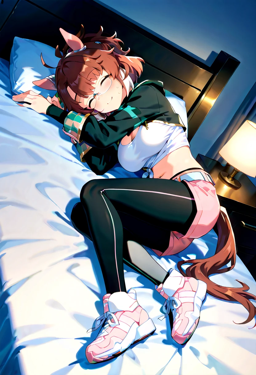 1 Girl,Zoey,(Heterochromia:1.3),(long hair),multicolored hair,(dirty hair),orange hair,crop top,short trousers,,thick,толстые hips,room,bed,(lying),(lying in bed:1.4),hips, ass