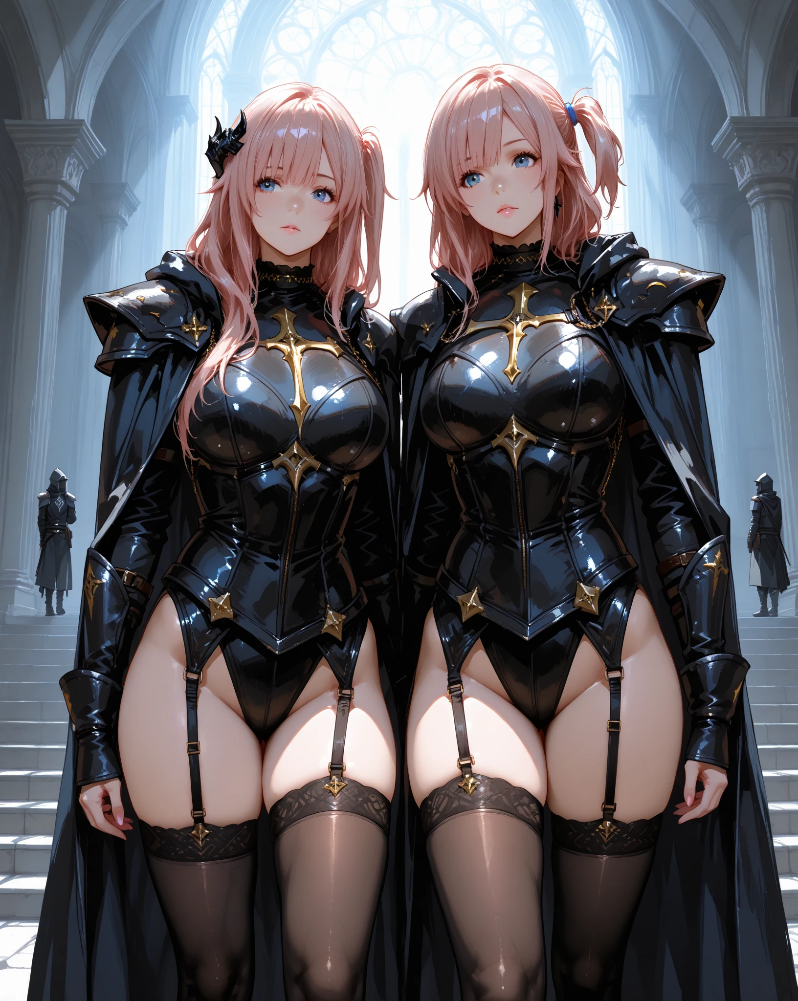A pink haired queen with violet eyes is posing with a red haired female knight with red red eyes