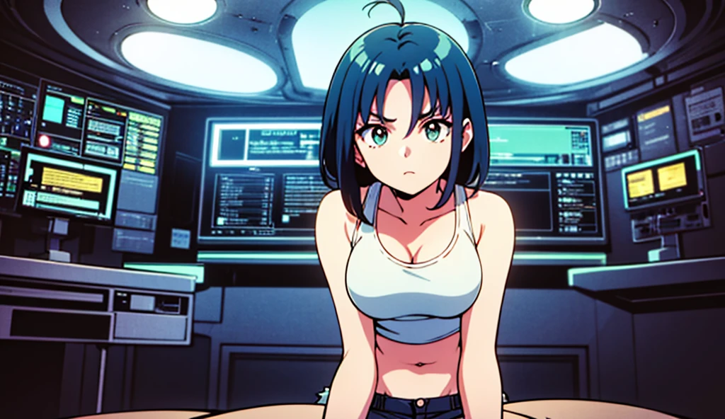 (perfect composition), (high resolution, masterpiece, ultra best quality, insanely amazing hyper fine extremely detailed, official:1.4)( full body, 80's horny milf hacker anime girl in lingerie sitting at a desk with a vintage computer, seductive hacker anime girl in lingerie, retro cyberpunk anime, 80's cyberpunk anime girl in lingerie, digital cyberpunk anime!!, best anime 4k konachan wallpaper, (anime girl with green teal short hair), 90's anime style in 4 k, mega man legend art ,black latex lingerie, black lace lingerie, 80's, multiple old computer , inspired by serial experiments lain room, high degree electronic laboratory, lots of old computer hardware, surrounded by old computer screen, a lots of cable wires, octane rendering, colorful contrast, unadorned, dark computer room, night, betterHands